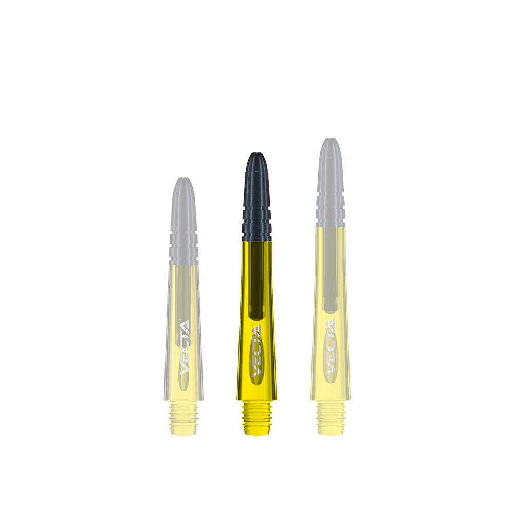 Das Bild zeigt drei gelbe Winmau Vecta Shafts für Dartpfeile. Die Shafts haben schwarze Spitzen und sind in unterschiedlichen Längen dargestellt.