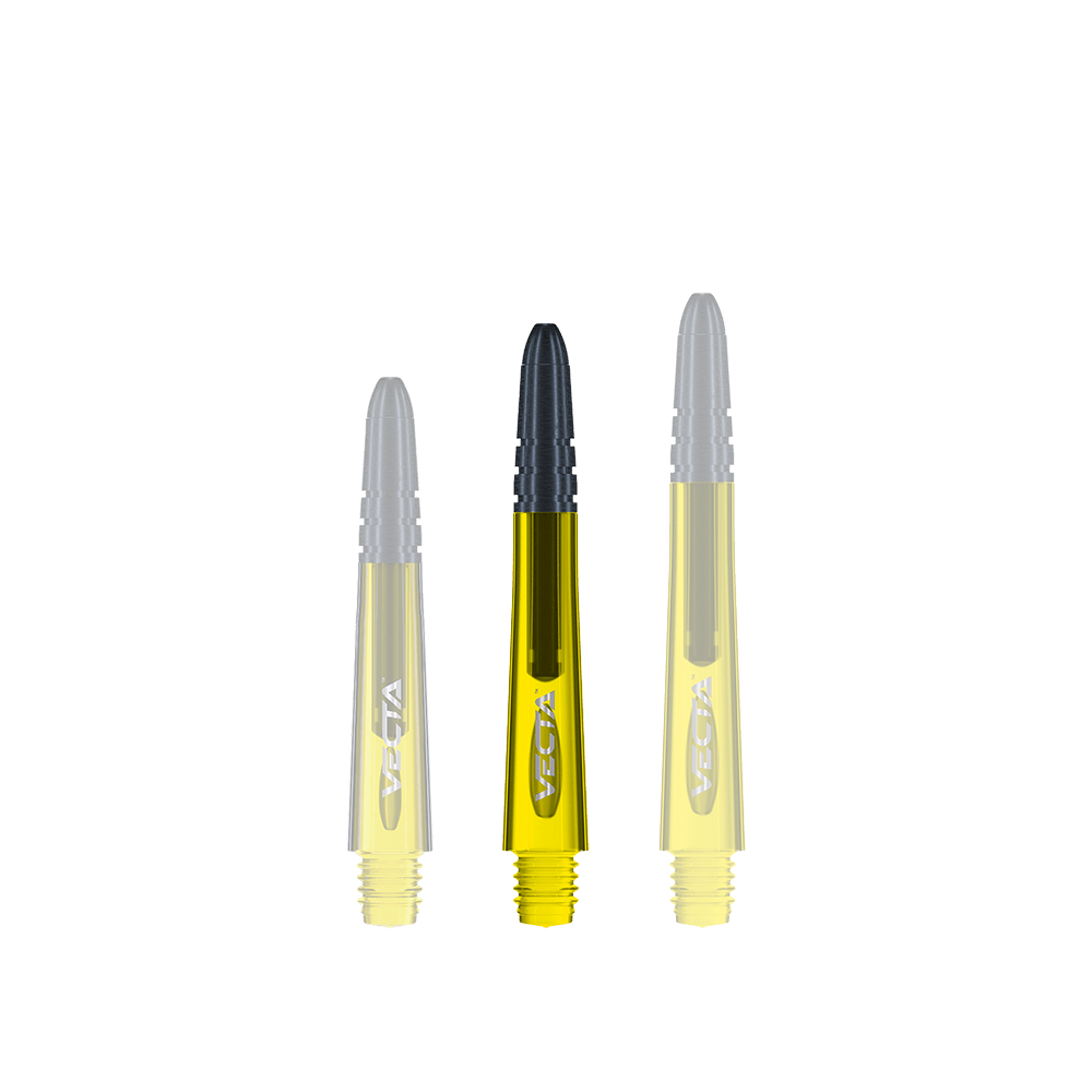 7025-406_Winmau_Vecta_Shafts_Gelb_37mm_15b2sqiMUz0LFq Das Bild zeigt drei gelbe Winmau Vecta Shafts für Dartpfeile. Die Shafts haben schwarze Spitzen und sind in unterschiedlichen Längen dargestellt.