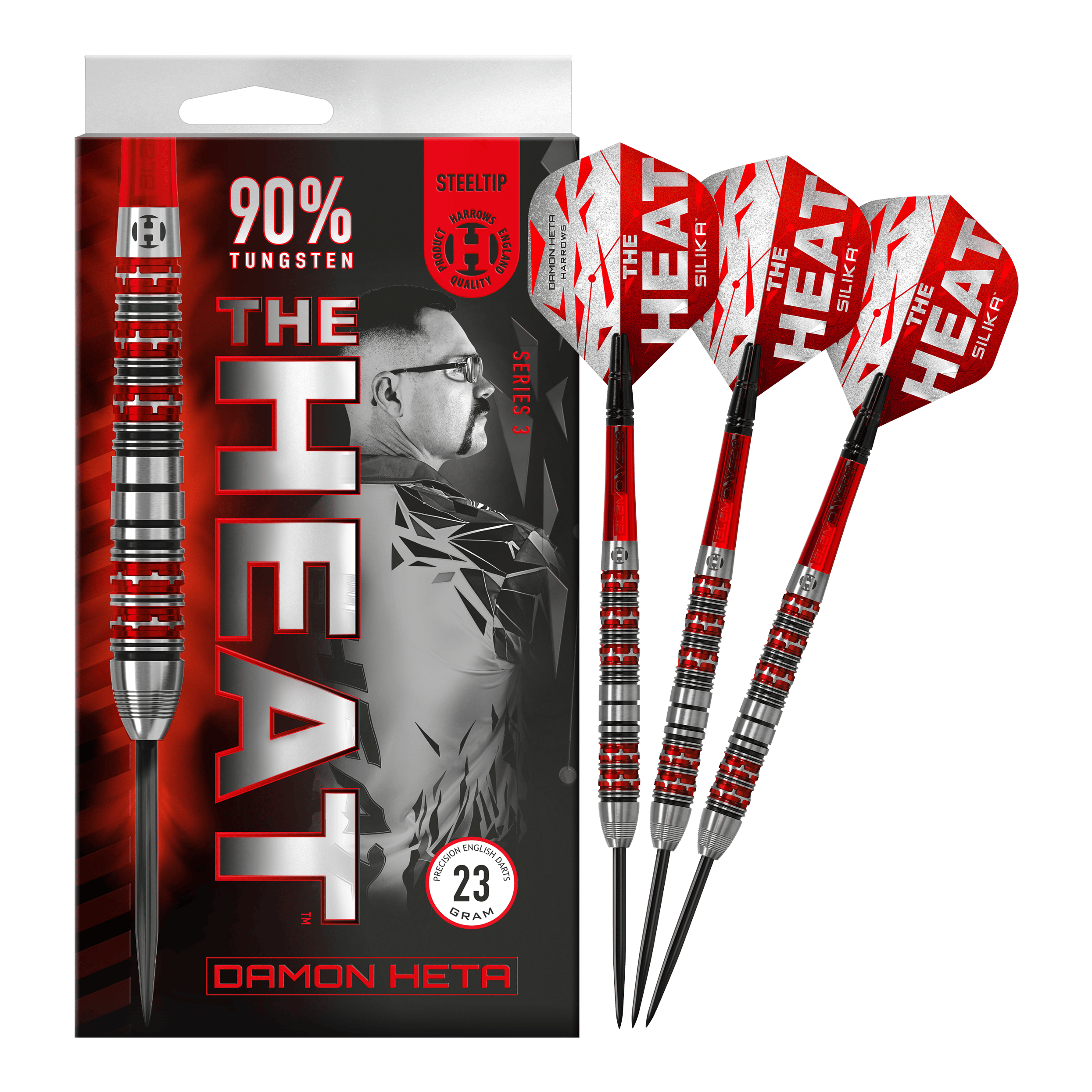 Harrows Damon Heta Series 3 Steeldarts Die Abbildung zeigt die Steeldarts "Harrows Damon Heta Series 3" mit auffälligem roten und silbernen Design. Auf der Verpackung steht, dass die Darts aus 90% Tungsten bestehen und 23 Gramm wiegen.