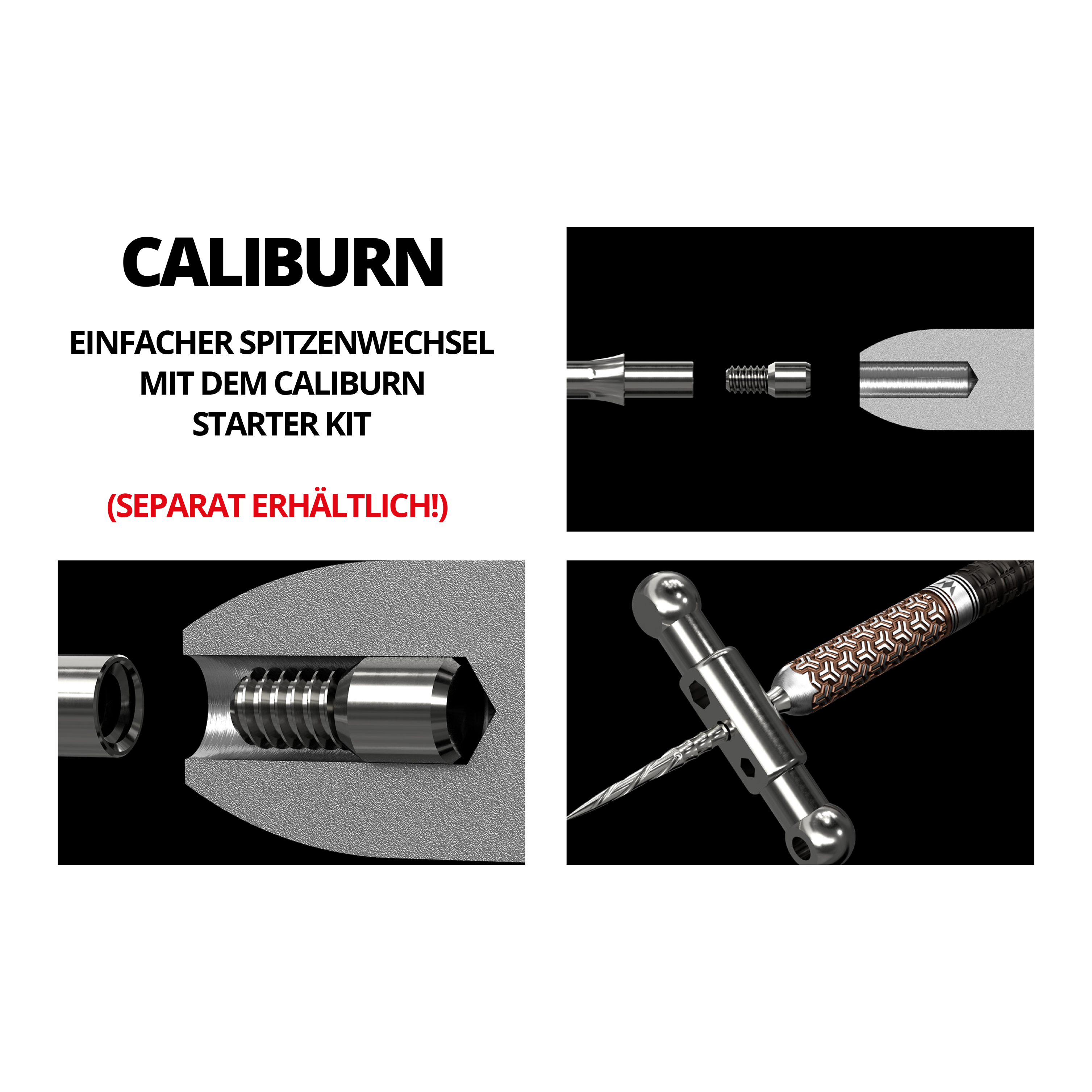 Das Bild zeigt verschiedene Detailansichten eines austauschbaren Steeldartspitzensystems. In mehreren Abbildungen werden die einzelnen Komponenten und der Zusammenbau des Systems dargestellt.
