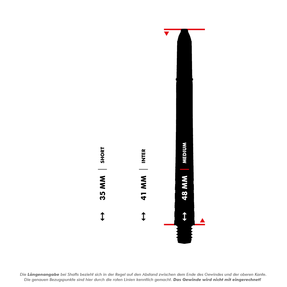 Das Bild zeigt drei verschiedene Längen von Dartschäften: 35 mm (Short), 41 mm (Inter) und 48 mm (Medium). Die Längen werden jeweils als Abstand zwischen dem Ende des Gewindes und der oberen Kante angegeben.