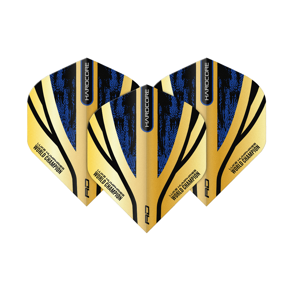 Das Bild zeigt drei Dart-Flights mit einem gold-schwarzen und blauen Design. Auf den Flights steht "Luke Humphries World Champion" sowie "Hardcore".