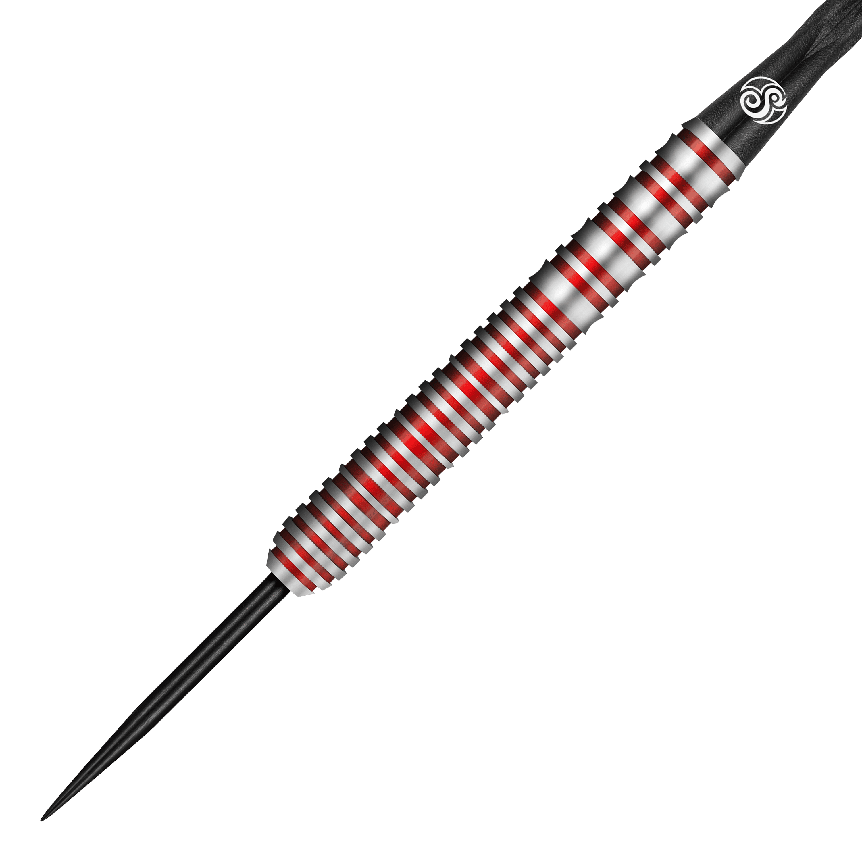 Das Bild zeigt einen Shot Michael Smith Bully Boy Game Day Steeldart. Der Dartpfeil hat ein silbernes Design mit roten Rillen und einer schwarzen Spitze.