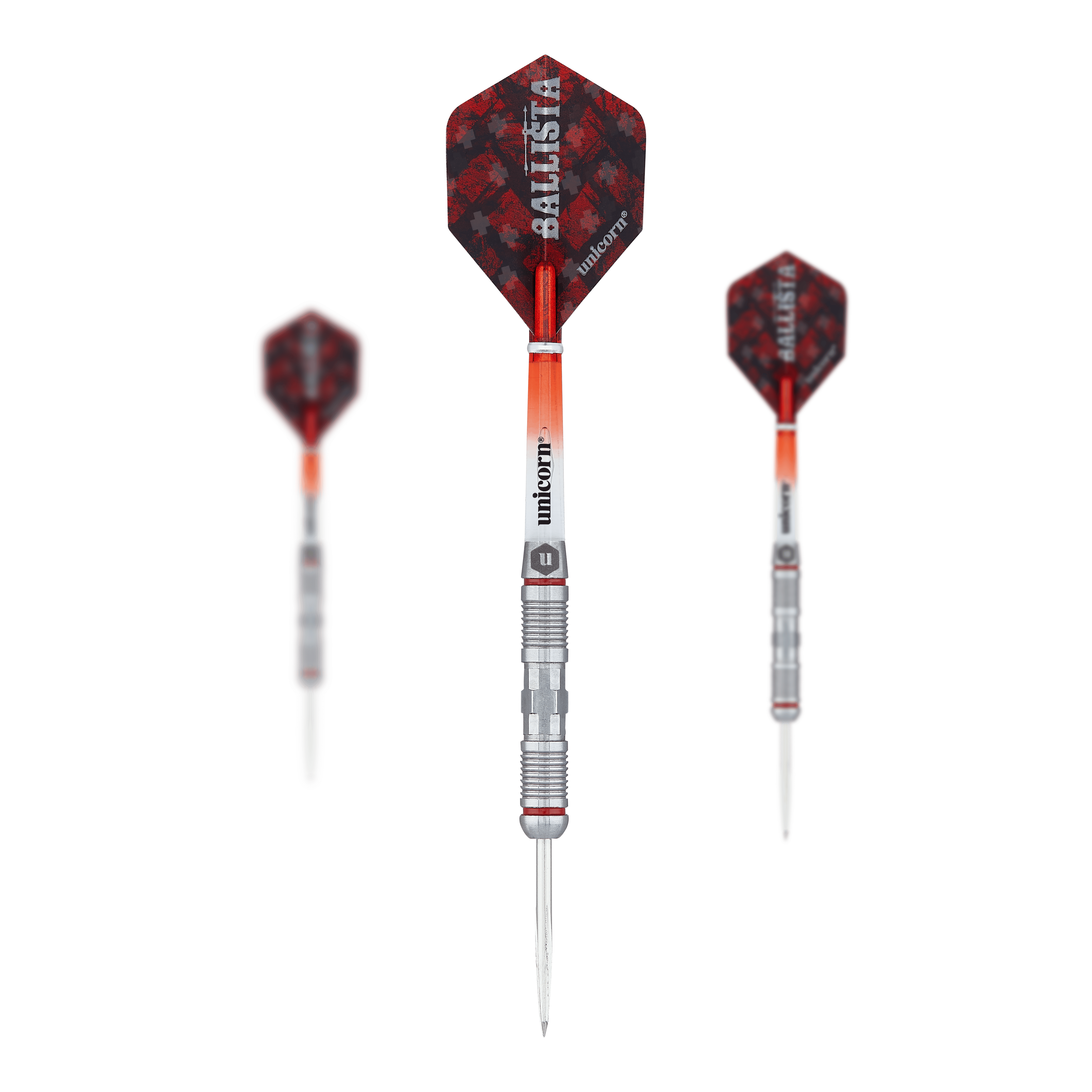 Auf dem Bild sind drei Steeldarts des Produkts "Unicorn Ballista Style 2" zu sehen. Die Darts haben rot-schwarze Flights und silberne Spitzen mit einem gerillten Schaft.