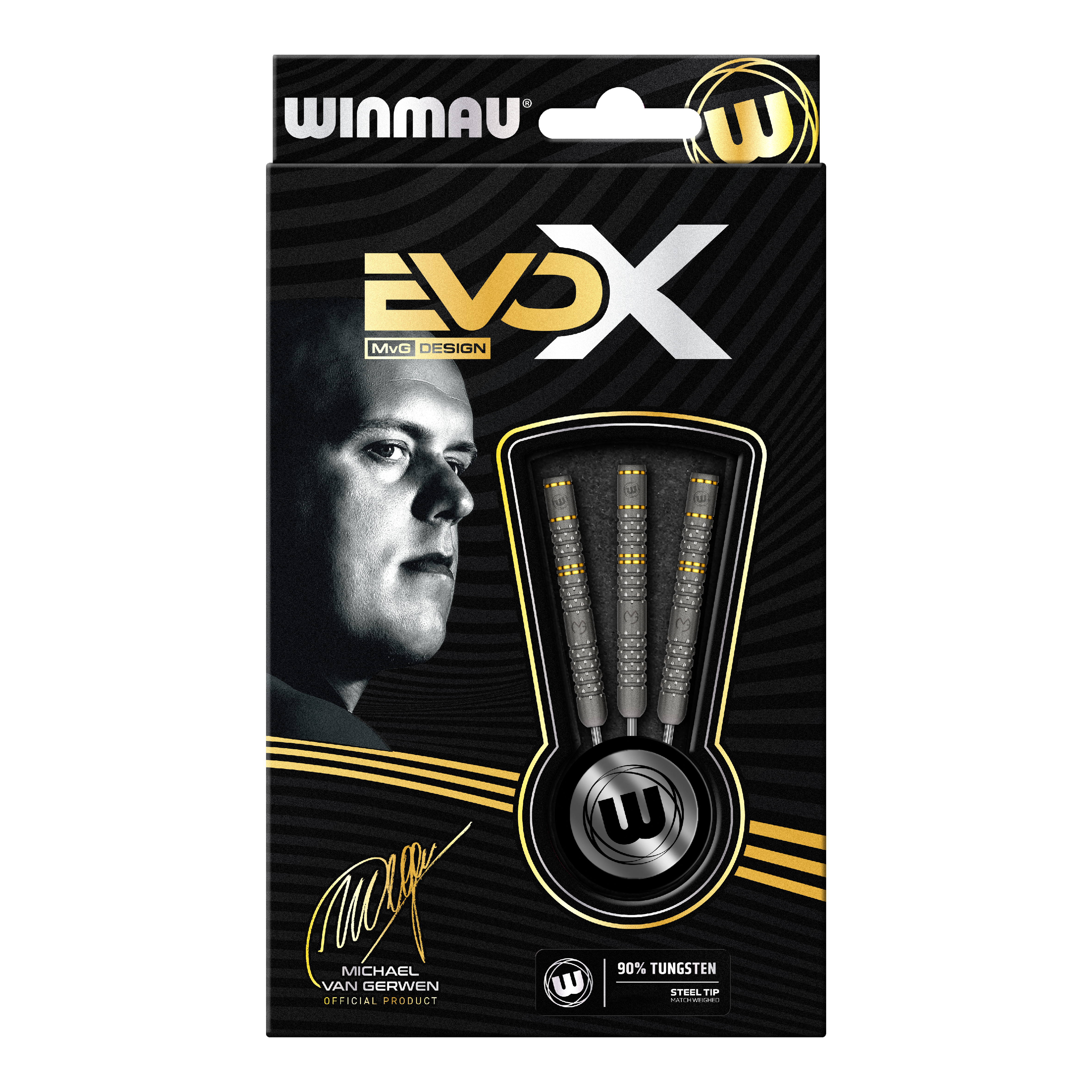 Winmau Michael Van Gerwen Evo-X Steeldarts Die Verpackung zeigt die "Winmau Michael Van Gerwen Evo-X Steeldarts" mit stilvollem Design und prominenter Abbildung von Michael Van Gerwen. In der Packung sind drei Steeldarts mit 90% Tungsten-Anteil sichtbar.