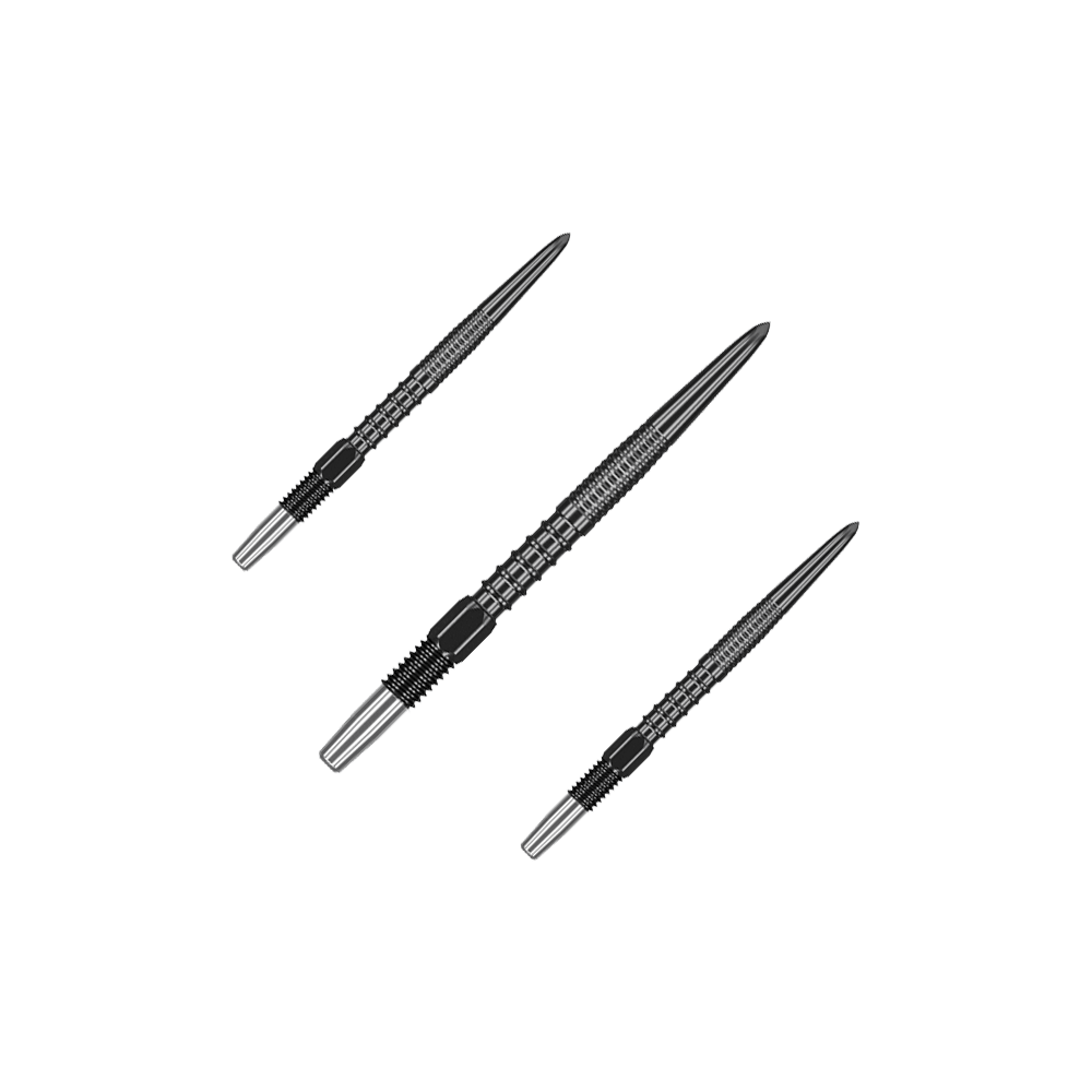 Das Bild zeigt drei schwarze Dartspitzen, die nebeneinander angeordnet sind. Sie sind schmal und haben ein geripptes Design für besseren Halt.