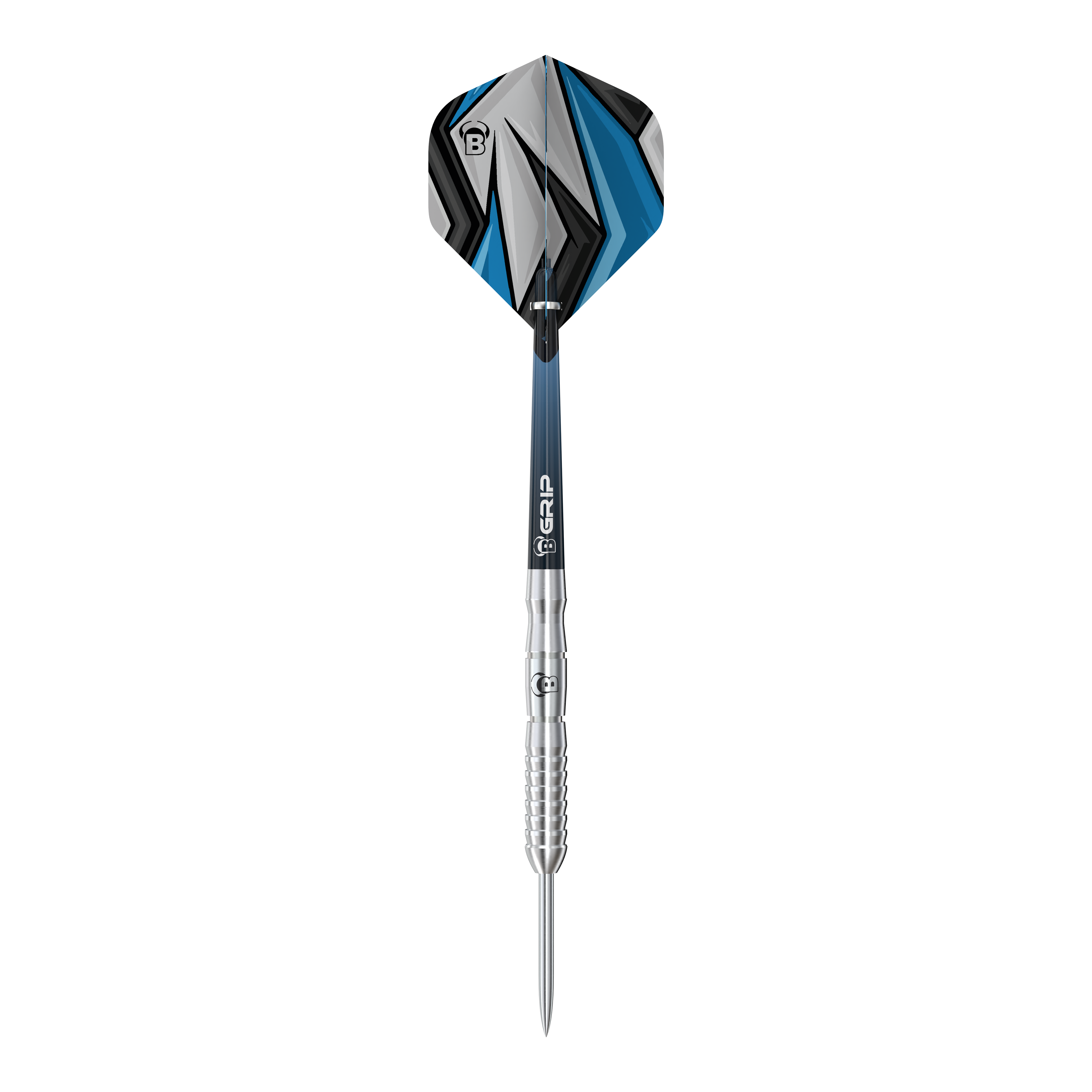 Bulls Stone S3 Steeldarts Das Bild zeigt einen Bulls Stone S3 Steeldart. Der Dart hat ein silbernes Barrel und ein Flight mit blau-schwarzem Muster.