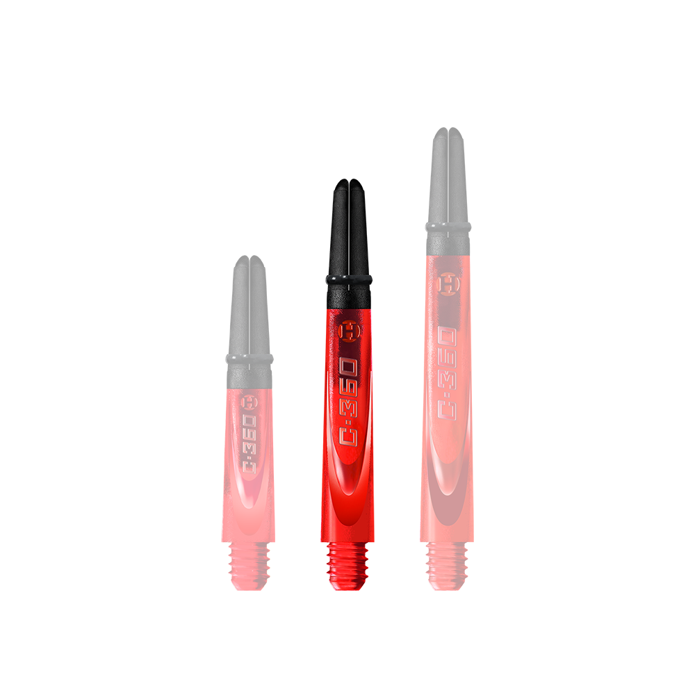 Auf dem Bild sind drei rote und schwarze Dartschäfte in verschiedenen Längen zu sehen. Sie tragen die Aufschrift "C-360" und haben ein modernes, glänzendes Design.