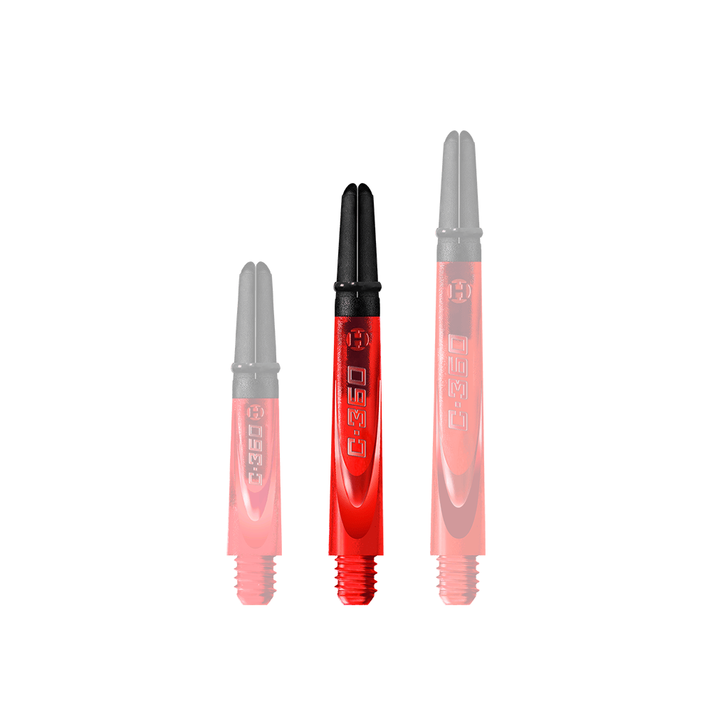 HR456_Harrows_Carbon_360_Shafts_Rot_42mm_1 Auf dem Bild sind drei rote und schwarze Dartschäfte in verschiedenen Längen zu sehen. Sie tragen die Aufschrift "C-360" und haben ein modernes, glänzendes Design.