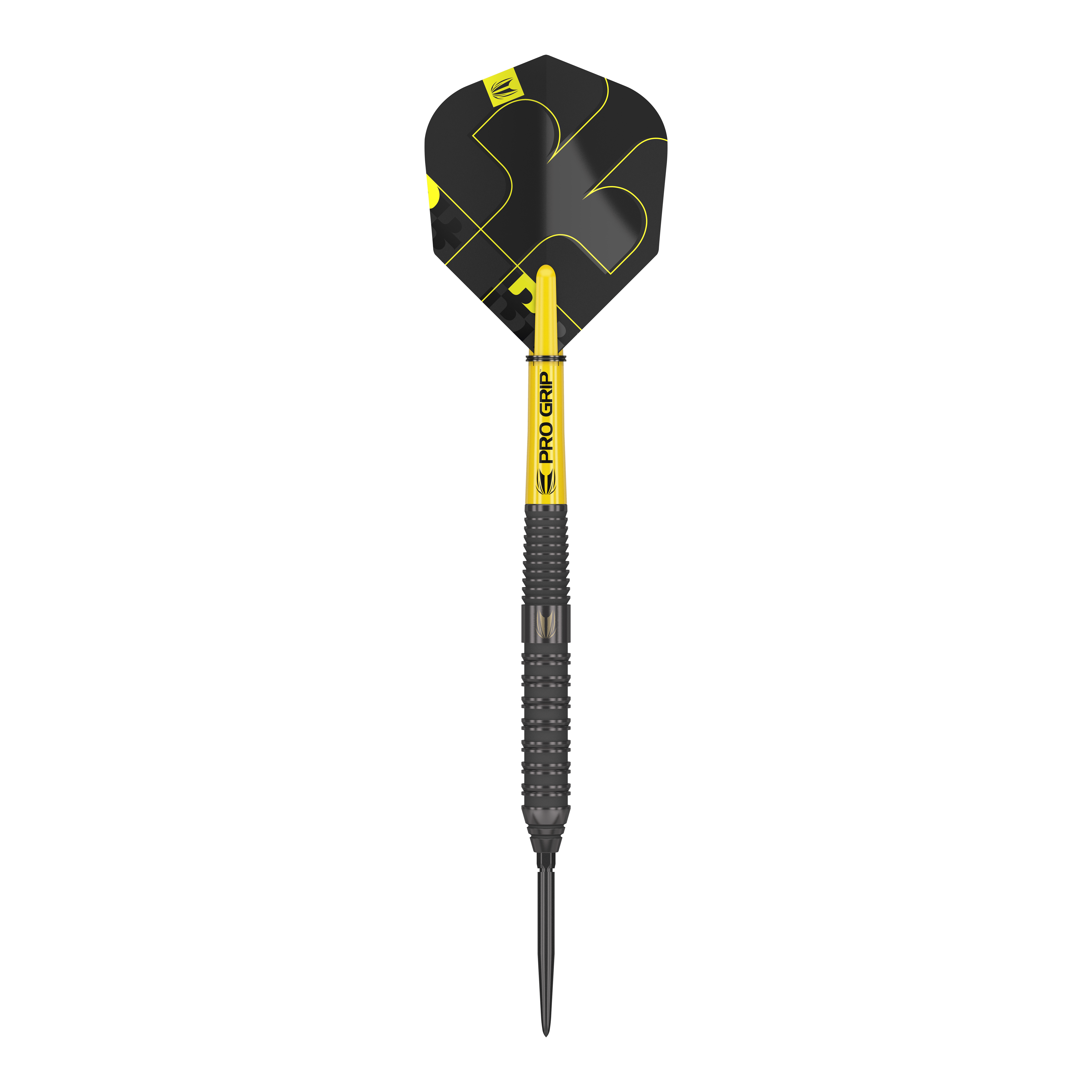 Das Bild zeigt einen Target Bolide Void 02 Swiss Point Steeldart. Der Dartpfeil ist schwarz mit gelben Akzenten und hat eine strukturierte Griffoberfläche.