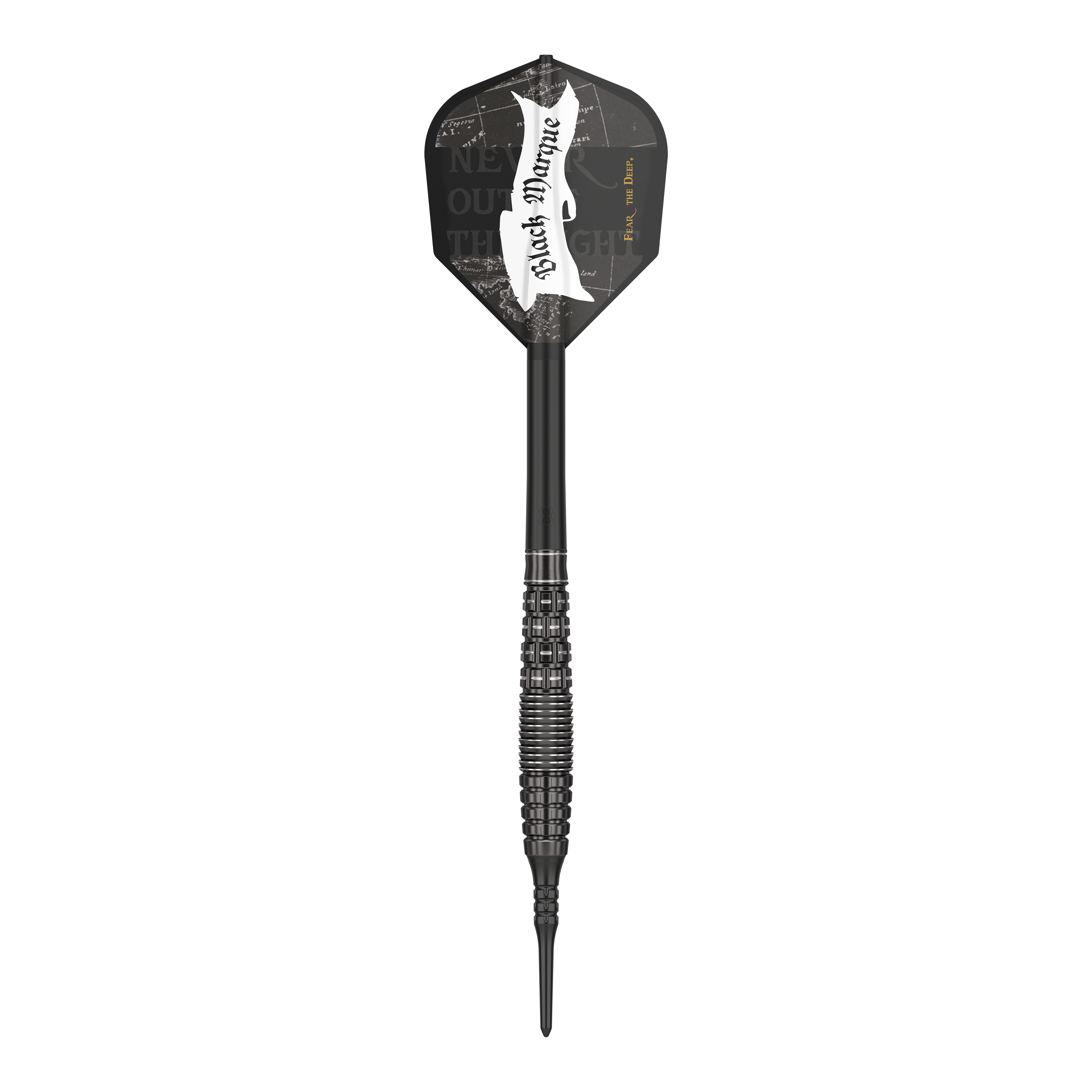 Das Bild zeigt einen schwarzen Softdart namens "Target Japan Black Marque Phantom Softdarts - 18g". Der Dart hat ein elegantes, schwarzes Design mit strukturiertem Griff und einer schwarzen Flight mit weißem Schriftzug.