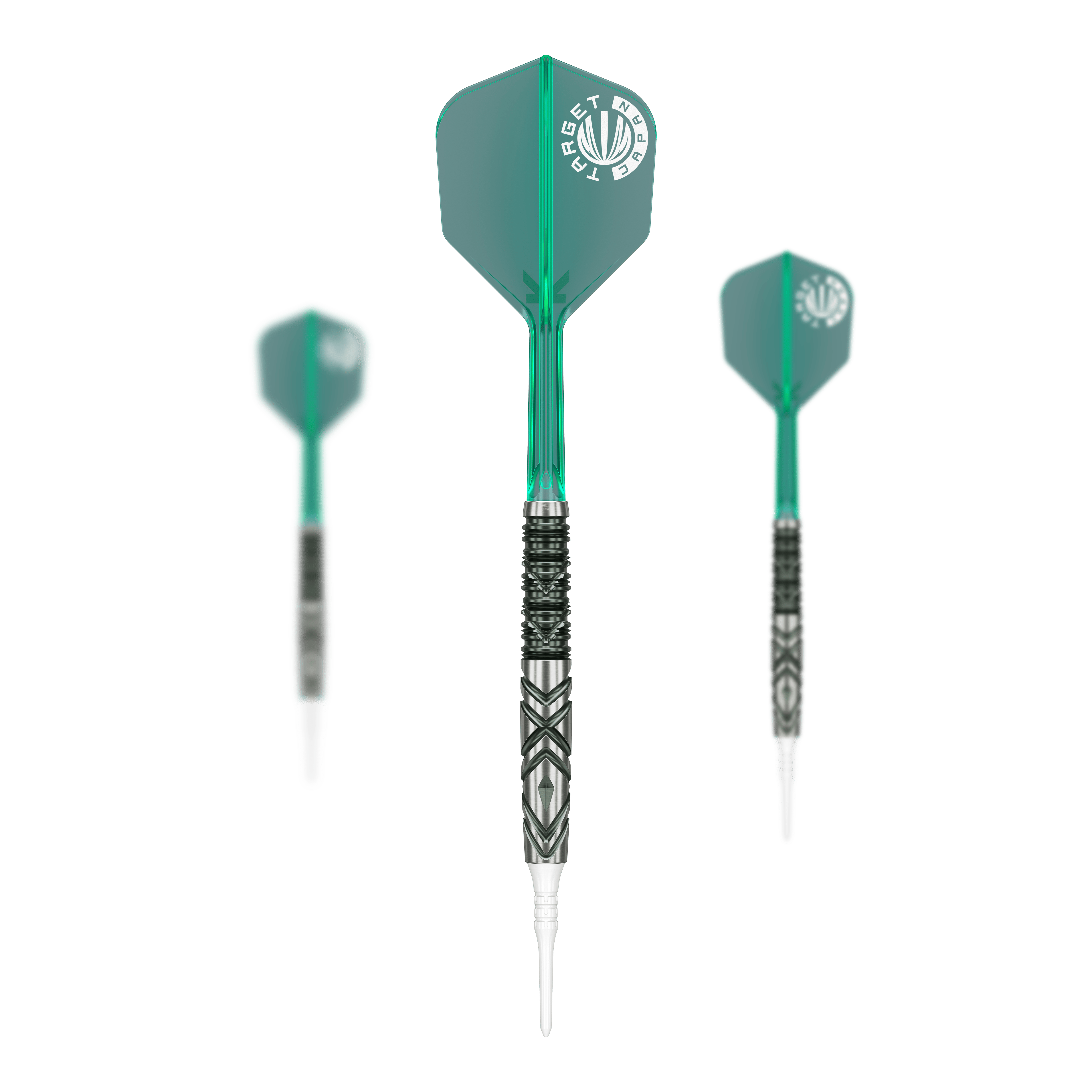 Das Bild zeigt drei Softdarts mit grünen Flights und verziertem silber-schwarzen Barrel. Es handelt sich um das Produkt "Target Japan Mikuru Suzuki The Miracle GEN6 Softdarts - 21,5g".
