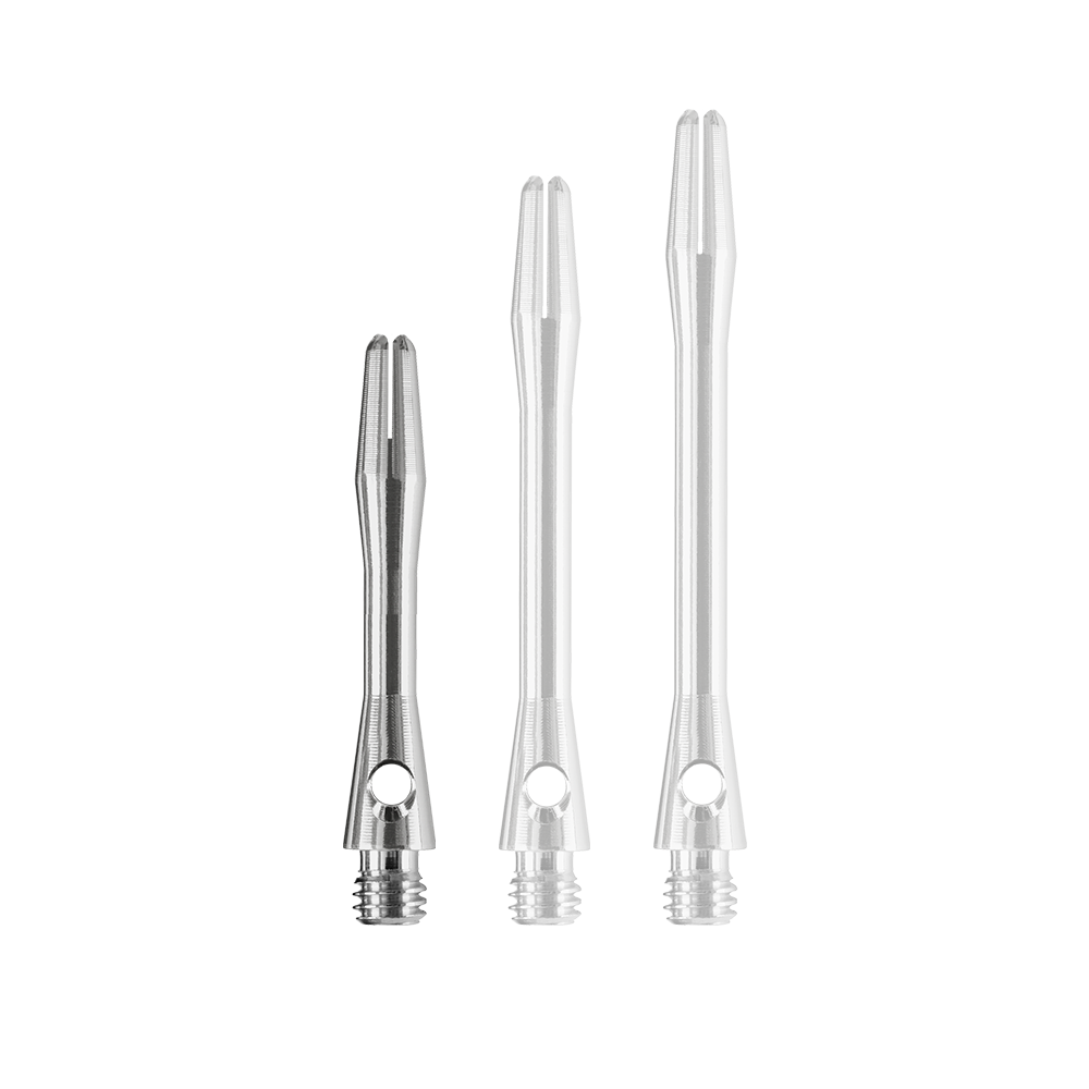 Das Bild zeigt drei silberfarbene Dartschäfte in unterschiedlicher Länge. Es handelt sich um die „Harrows Keramic Shafts - Gun Metal“.