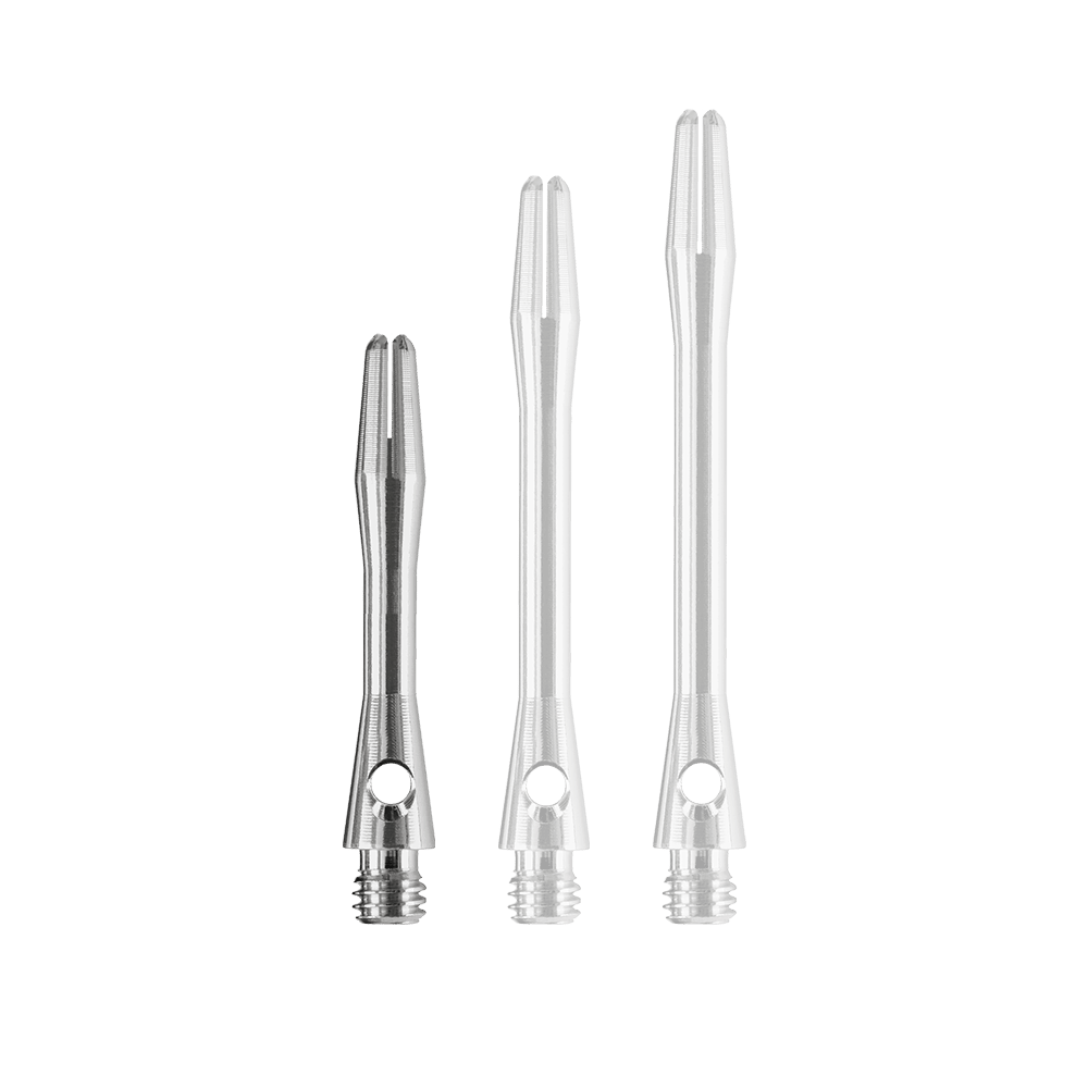 HR369_Harrows_Keramic_Shafts_Gun_Metal_35mm_18YXNdbJfQFgSB Das Bild zeigt drei silberfarbene Dartschäfte in unterschiedlicher Länge. Es handelt sich um die „Harrows Keramic Shafts - Gun Metal“.