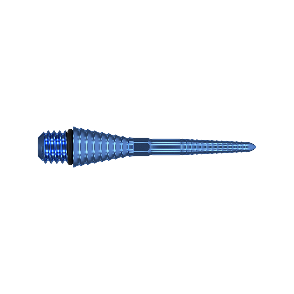 Das Bild zeigt eine blaue, gerillte Dartspitze aus Metall. Sie hat ein konisches Design mit Schraubgewinde am Ende.