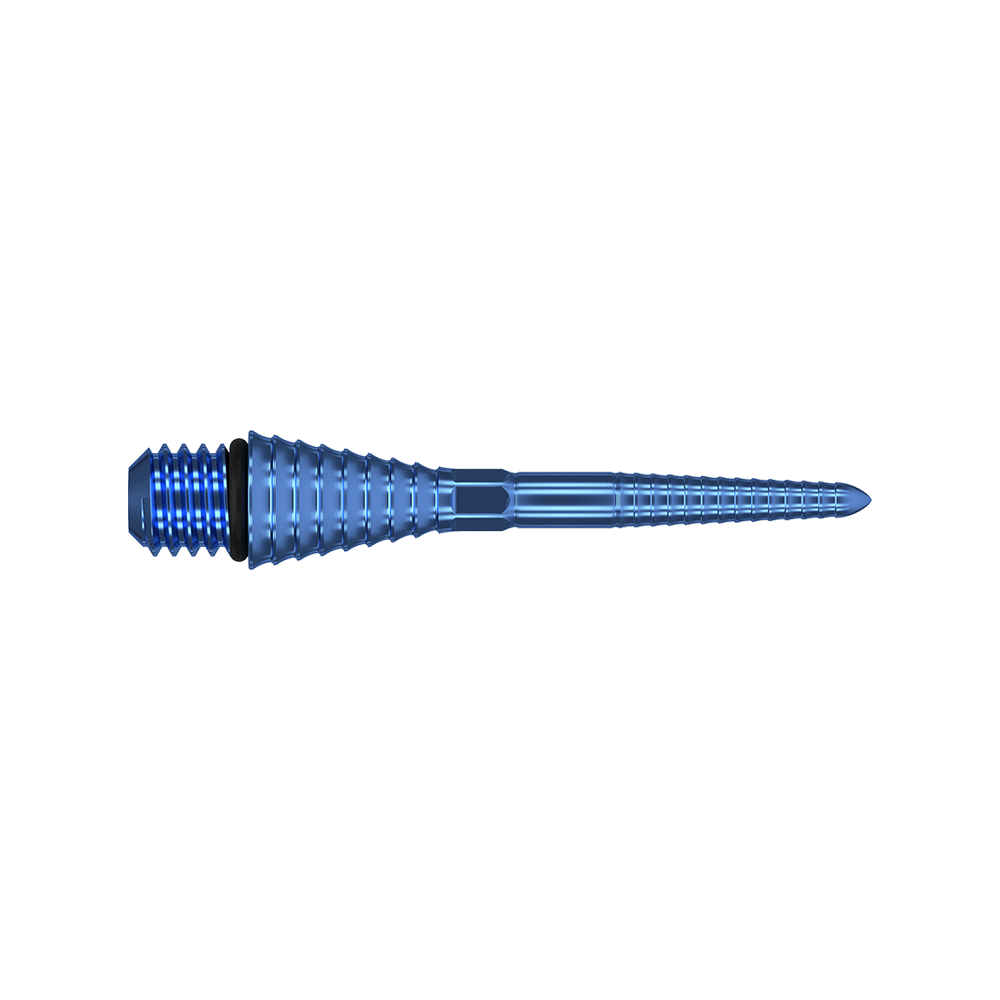 380176_Target_Titanium_Swiss_Point_Grooved_Conversion_Points_Blau_26mm_2 Das Bild zeigt eine blaue, gerillte Dartspitze aus Metall. Sie hat ein konisches Design mit Schraubgewinde am Ende.