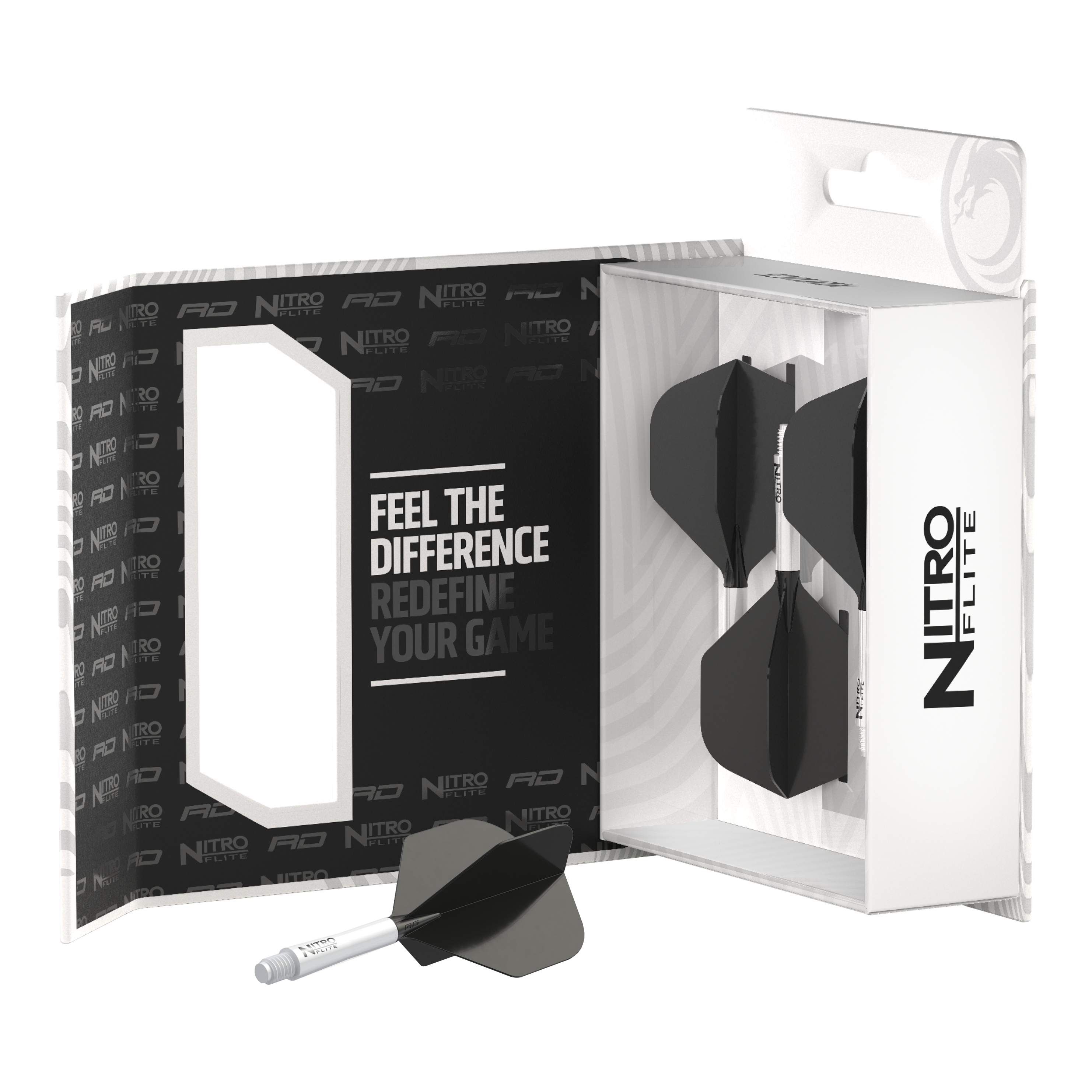 Red Dragon Nitroflite - White Shaft Black No2 Flights Das Bild zeigt die Verpackung des Produkts "Red Dragon Nitroflite - White Shaft Black No2 Flights". Im Inneren sind mehrere weiße Dartschäfte mit schwarzen Flights zu sehen.