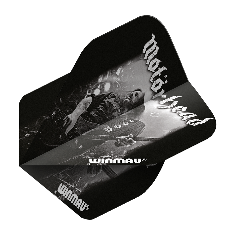 6905-209_Winmau_Rockstar_Legends_Mot-rhead_Lemmy_Standard_Flights_2 Das Bild zeigt ein Dartflight mit dem Motiv der Band Motörhead und dem Schriftzug "Winmau". Auf dem Flight ist ein Schwarz-Weiß-Bild von Lemmy, dem legendären Sänger von Motörhead, abgebildet.