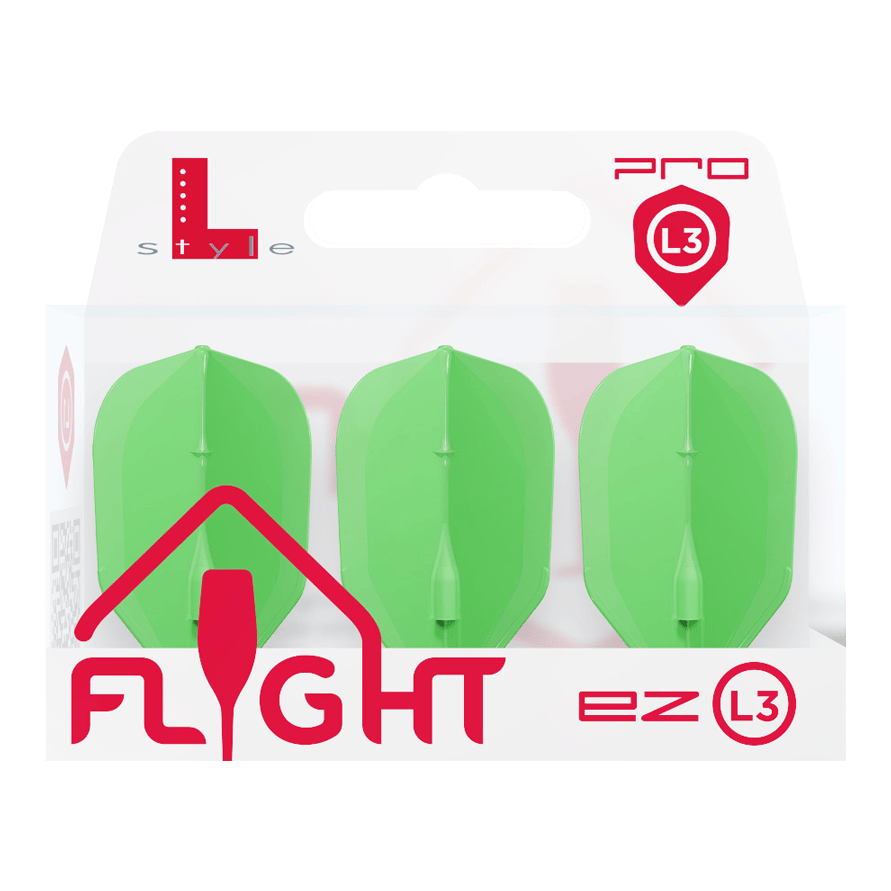 L-Style L3EZ Flights Das Bild zeigt eine Packung mit drei neon-grünen Dartflights. Die Verpackung ist mit "L-Style Flight EZ L3" beschriftet.