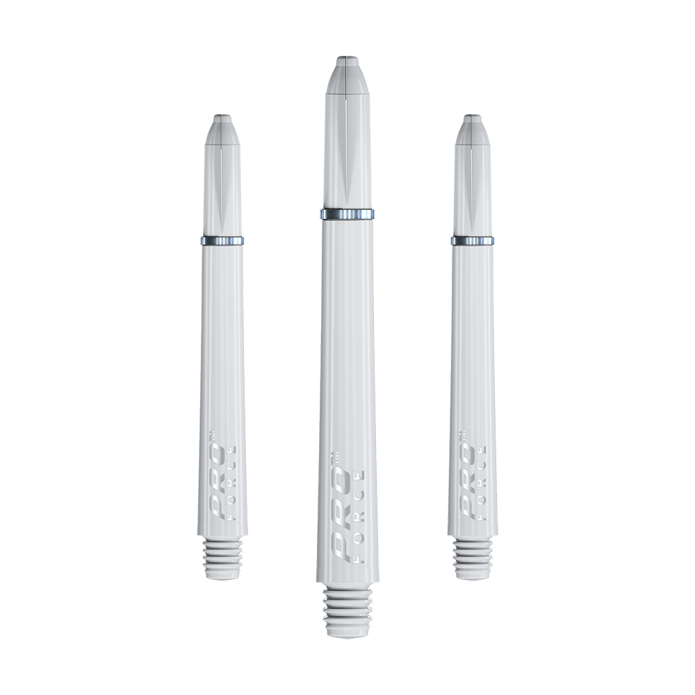 Das Bild zeigt drei weiße Winmau Pro-Force Shafts für Darts. Sie haben ein glattes, geriffeltes Design und sind mit "PRO FORCE" beschriftet.