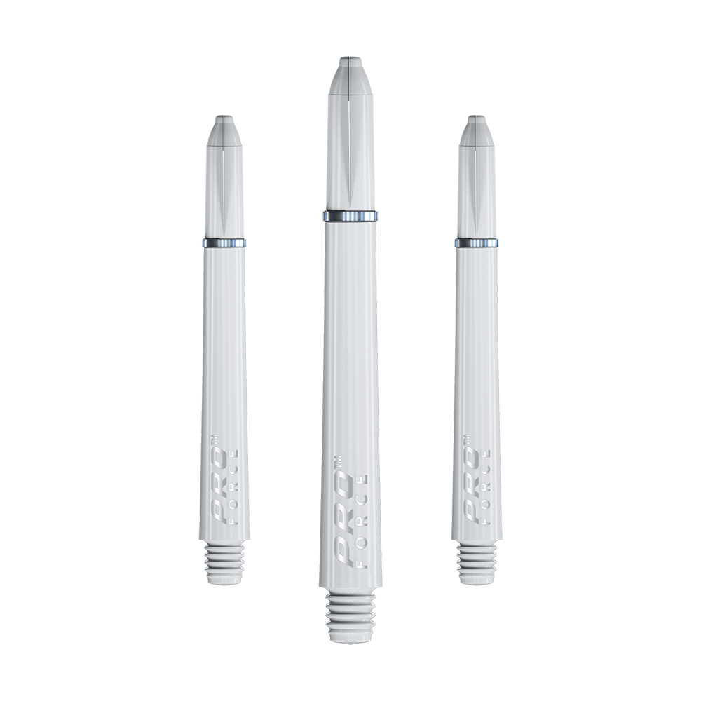 7011_202_Winmau_Pro-Force_Shafts_Weiss_46mm_1 Das Bild zeigt drei weiße Winmau Pro-Force Shafts für Darts. Sie haben ein glattes, geriffeltes Design und sind mit "PRO FORCE" beschriftet.