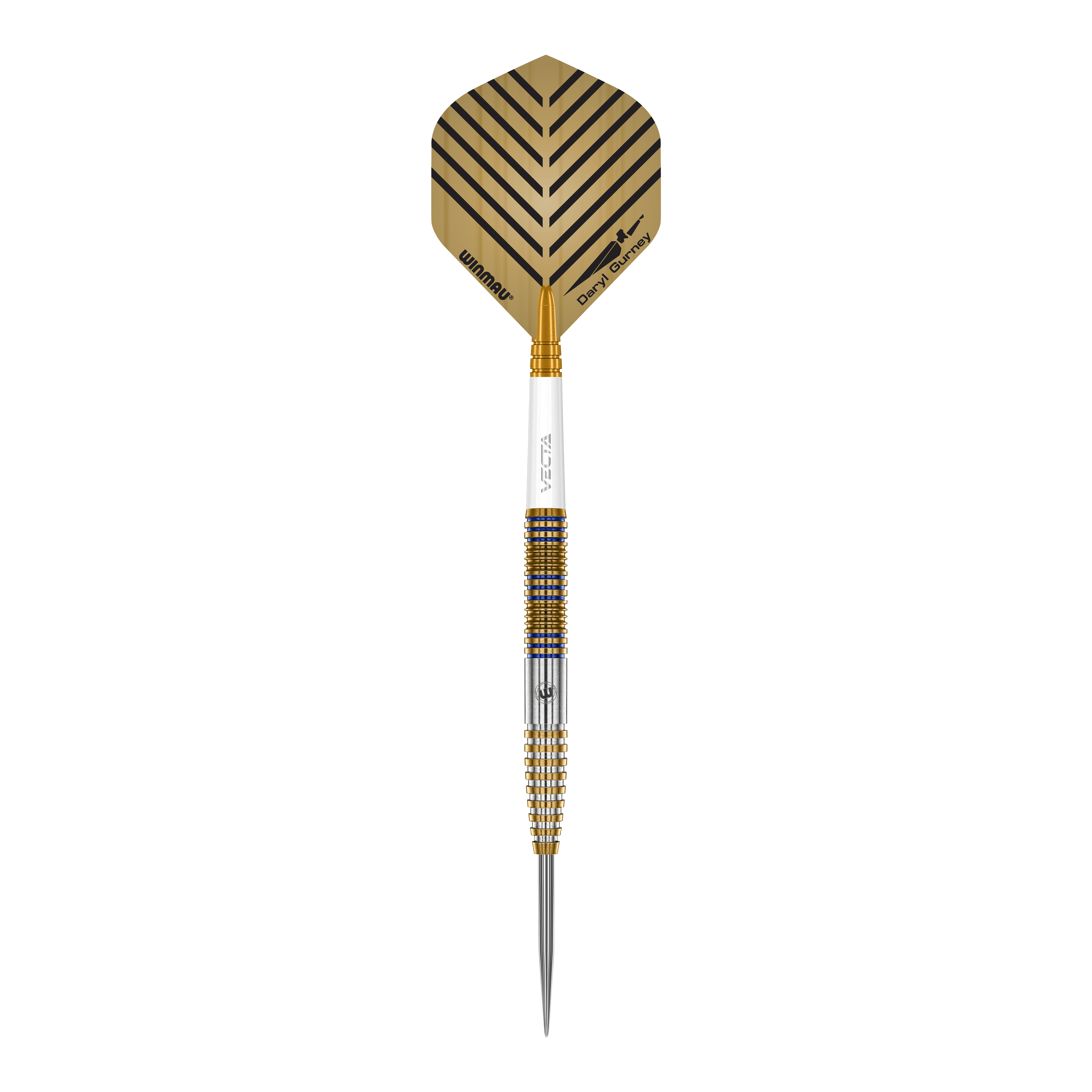 Zu sehen sind die Winmau Daryl Gurney Signature Edition Steeldarts mit einem Gewicht von 23g. Das Produkt wird aus nächster Nähe gezeigt.
