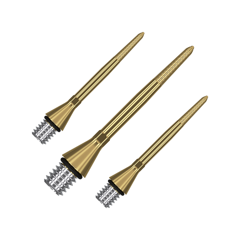 380167_Target_Titanium_Swiss_Point_Nano_Conversion_Points_Gold_30mm_1mRBUAlKPWaziY Das Bild zeigt drei goldfarbene Dartspitzen mit silbernen Gewinden. Sie sind schlank und haben eine fein gerändelte Spitze.