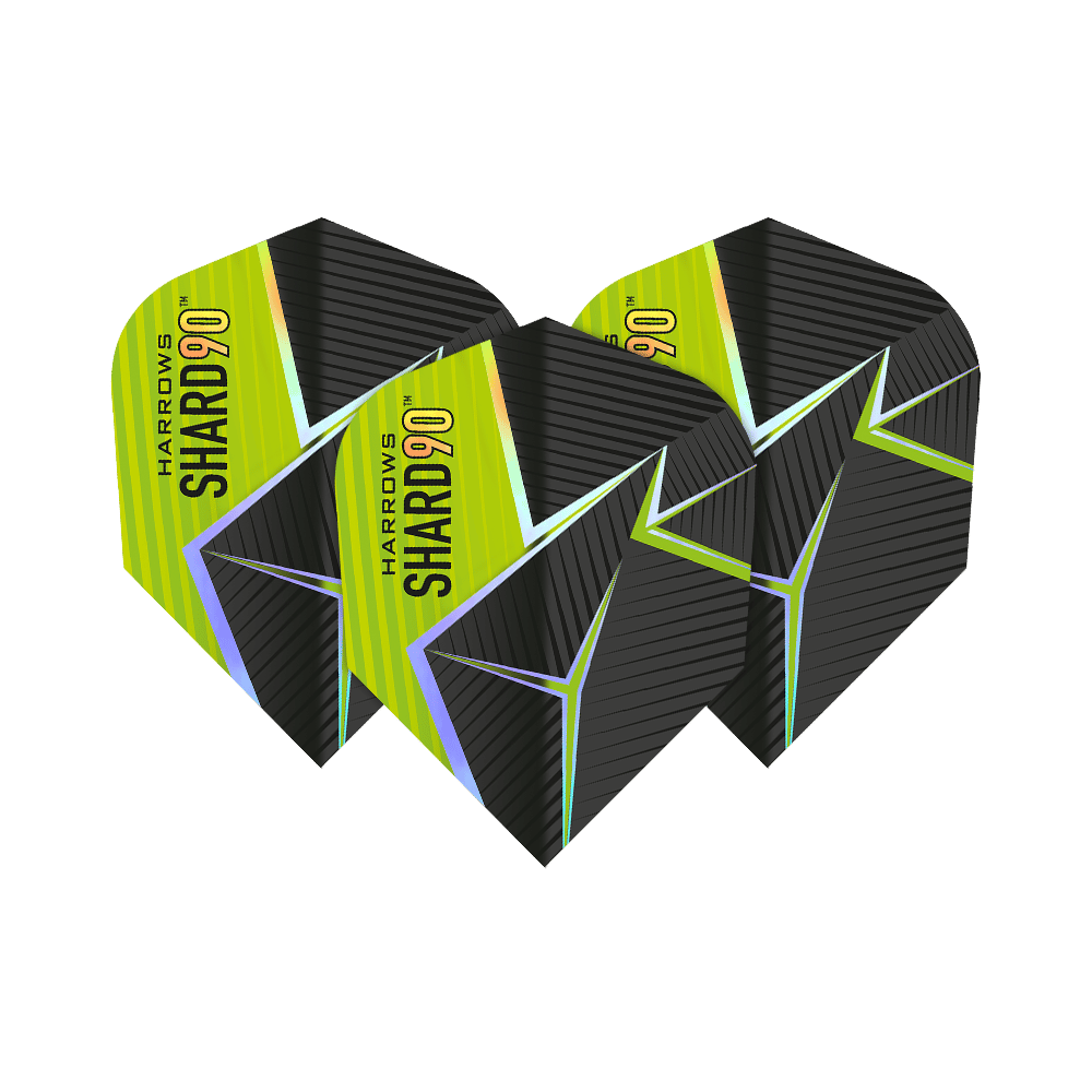Das Bild zeigt drei Harrows Prime Shard No6 Flights für Darts. Die Flights haben ein schwarz-gelbes Design mit futuristischen Linien und dem Aufdruck "SHARD 90".