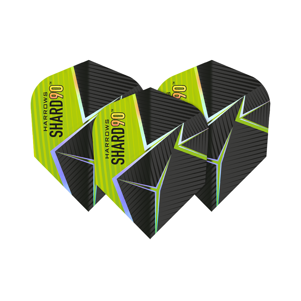 Harrows Prime Shard No6 Flights Das Bild zeigt drei Harrows Prime Shard No6 Flights für Darts. Die Flights haben ein schwarz-gelbes Design mit futuristischen Linien und dem Aufdruck "SHARD 90".