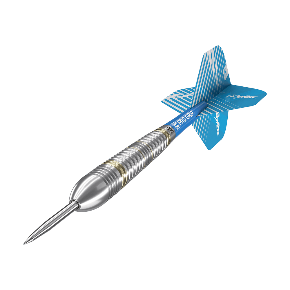 170003_Target_Phil_Taylor_Brass_Steeldarts_44vyyVvA5omPrk Das Bild zeigt einen Target Phil Taylor Brass Steeldart mit einem Gewicht von 22g. Der Dart hat einen silbernen Schaft und blaue Flights mit weißen Mustern.