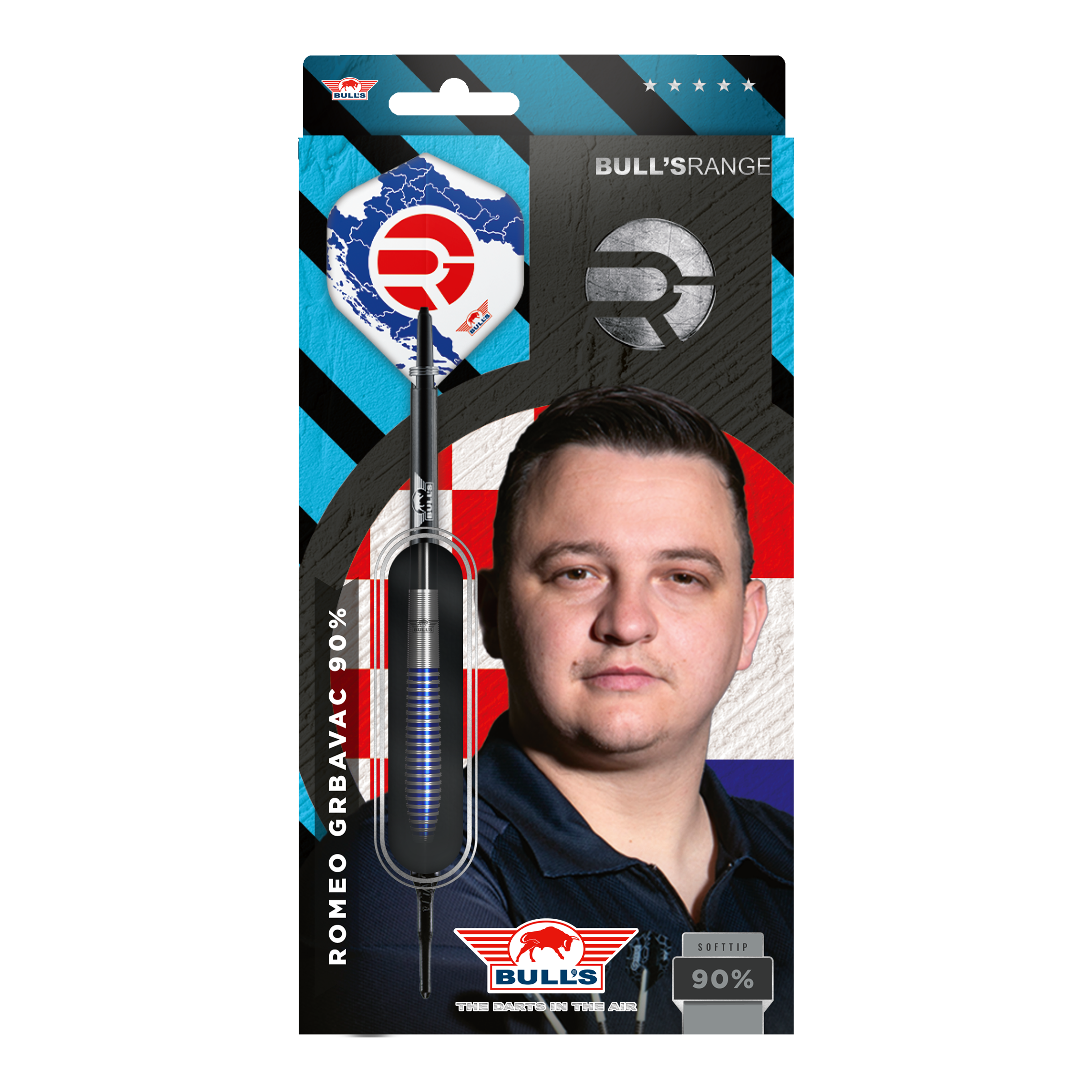 Bulls NL Romeo Grbavac Softdarts- 19g Die Verpackung zeigt die Softdarts "Bulls NL Romeo Grbavac" mit einem Gewicht von 19g. Auf der Vorderseite ist auch das Bild eines Mannes und das Logo von Bulls abgebildet.