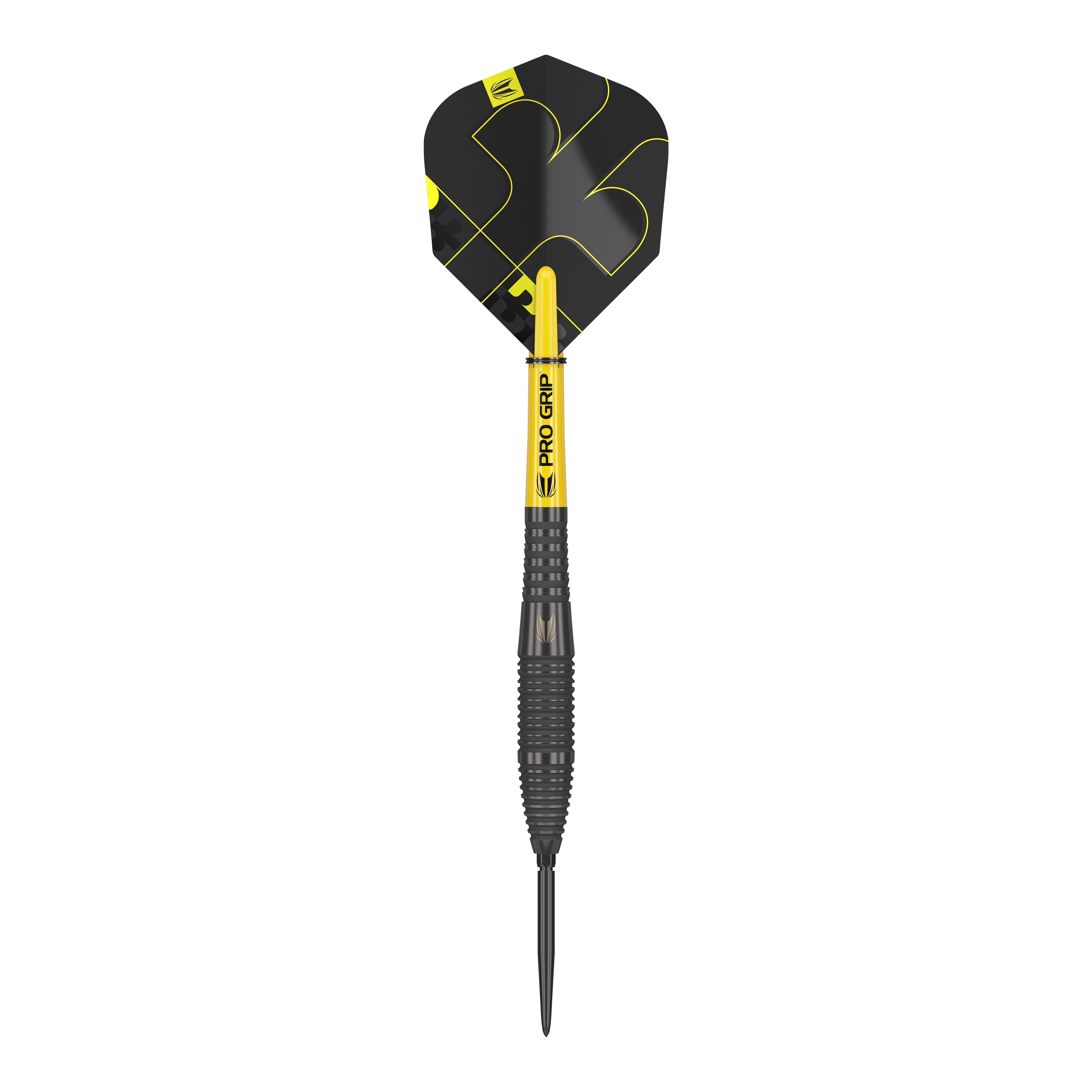 Target Bolide Void 05 Swiss Point Steeldarts Das Bild zeigt einen Target Bolide Void 05 Swiss Point Steeldart. Der Dartpfeil ist überwiegend schwarz mit gelben Akzenten und hat eine strukturierte Griffzone.