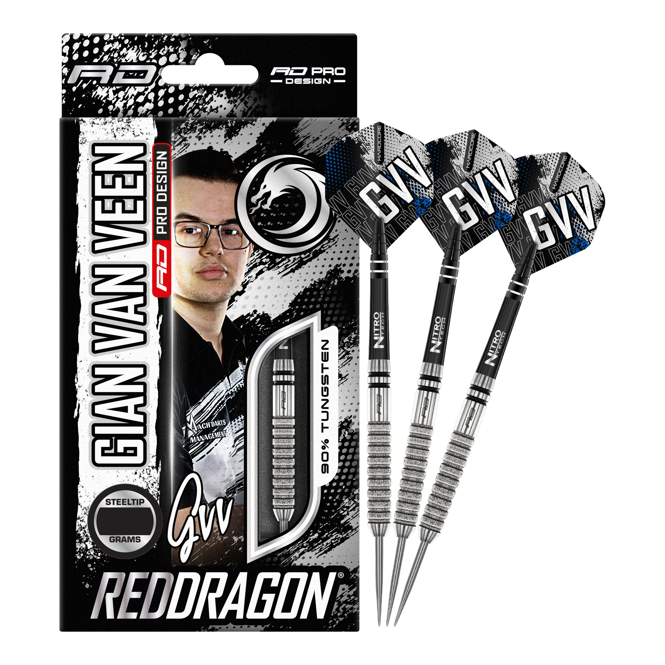 Das Bild zeigt die Verpackung und drei Steeldarts des Produkts „Red Dragon Gian Van Veen Tour Edition“ mit 22 Gramm Gewicht. Auf der Verpackung ist ein Porträt von Gian Van Veen sowie der Schriftzug „REDDRAGON“ zu sehen.