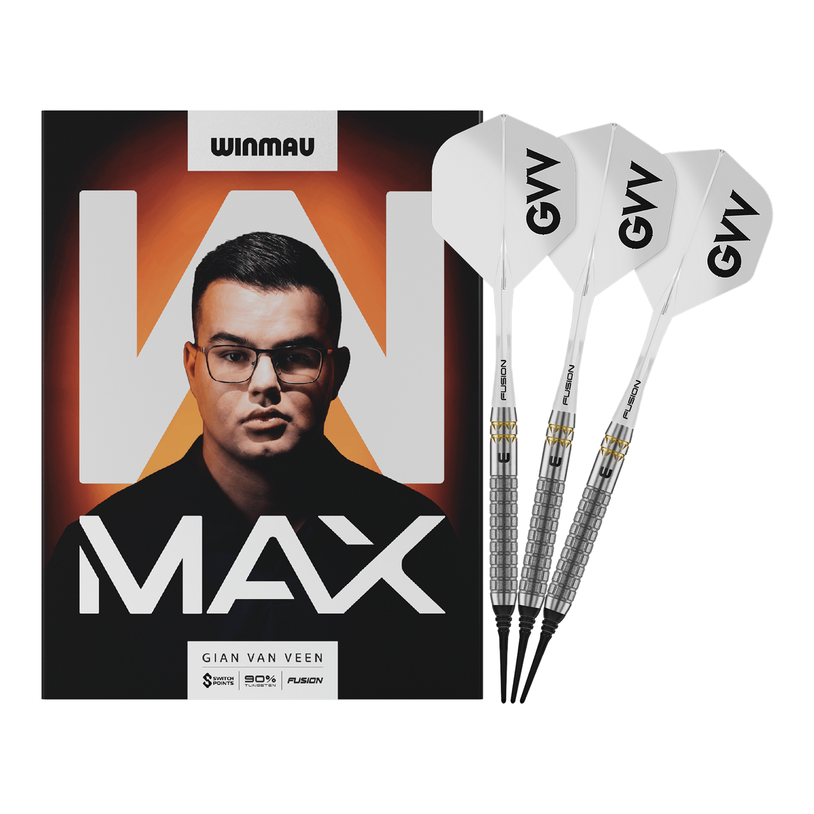 Winmau Gian Van Veen W-MAX Softdarts - 18g Winmau Gian Van Veen W-MAX Softdarts - 18g werden vollständig dargestellt. Alle Details der drei Darts sind sichtbar.