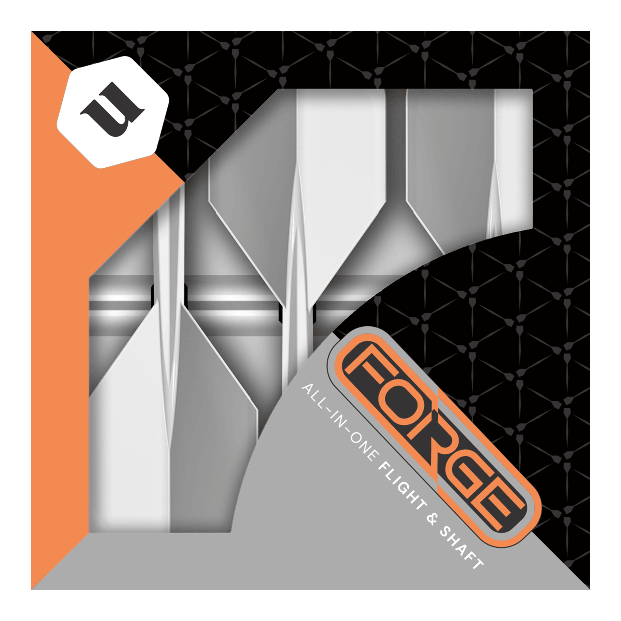 Das Bild zeigt die Verpackung der "Unicorn Forge All In One Plus No2 Standard Flights Weiß - Medium". In der Schachtel sind weiße Dart-Flights mit integriertem Schaft zu sehen.