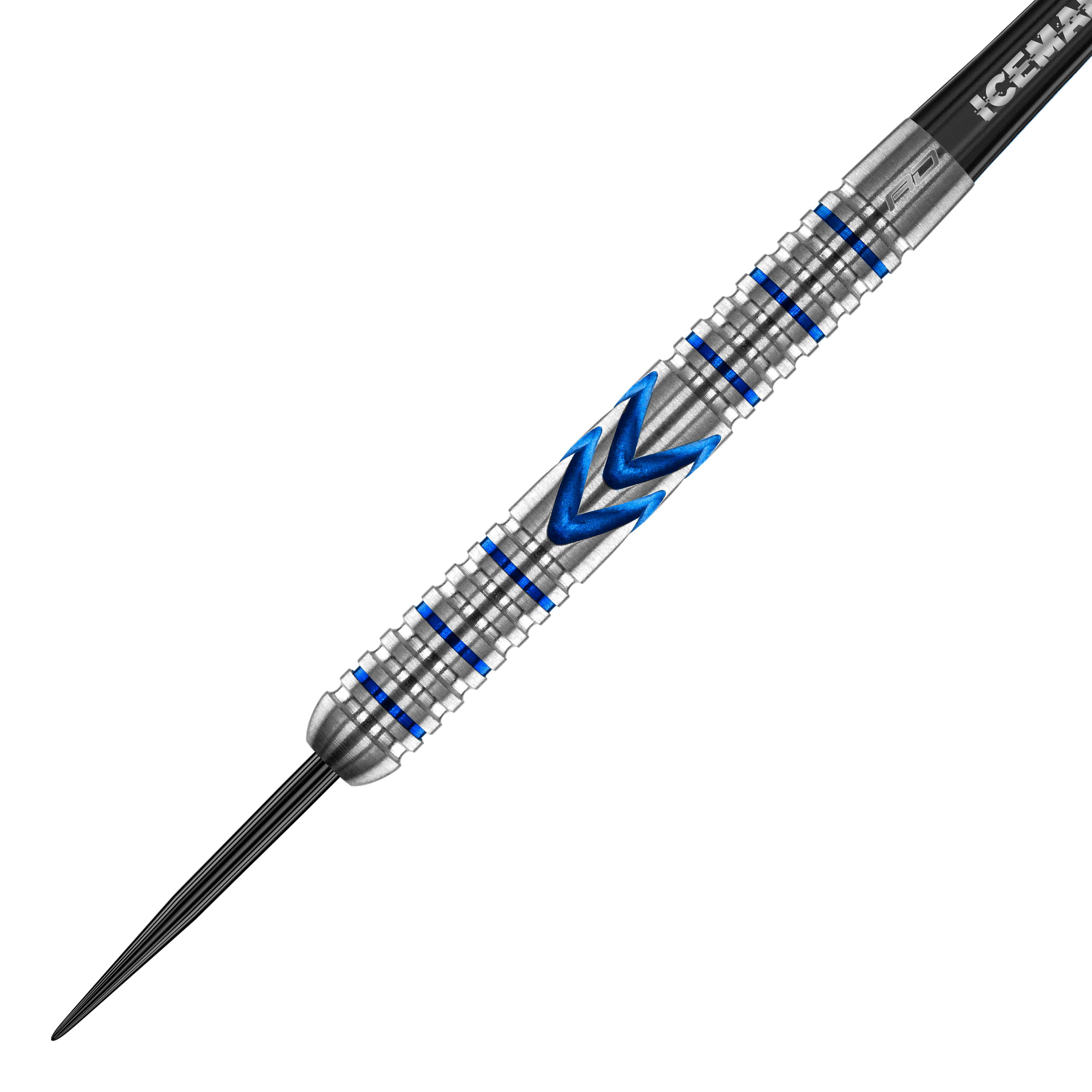 Das Bild zeigt einen Steeldart mit silberner Oberfläche und blauen Akzenten. In der Mitte befindet sich ein markantes blaues Muster in Pfeilform.