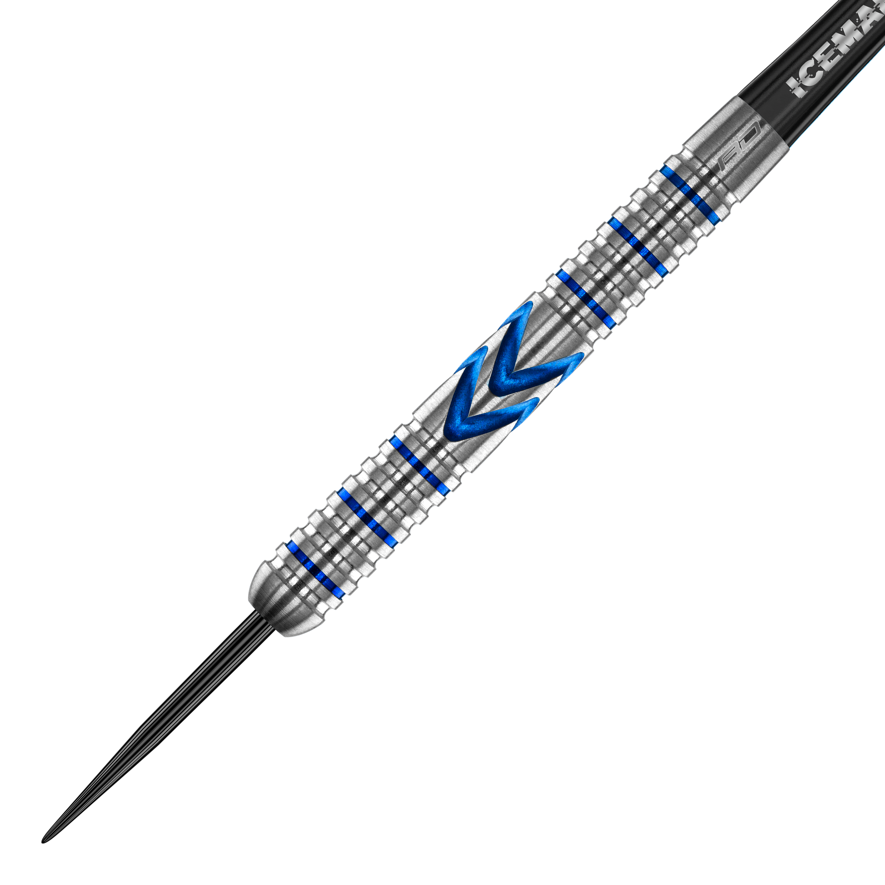 Red Dragon Gerwyn Price Iceman Midnight Edition Steeldarts Das Bild zeigt einen Steeldart mit silberner Oberfläche und blauen Akzenten. In der Mitte befindet sich ein markantes blaues Muster in Pfeilform.