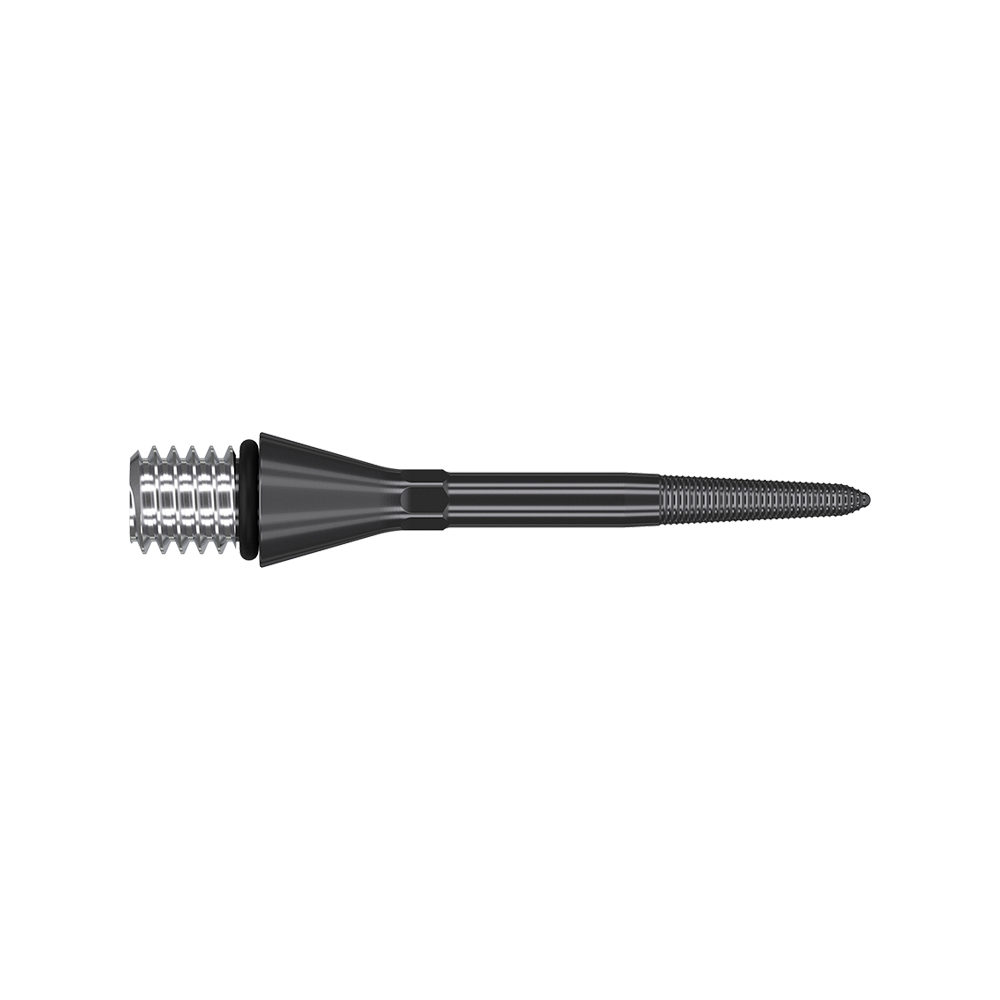 Das Bild zeigt eine schwarze, metallische Dartspitze mit einem geriffelten Ende. Die Spitze ist lang, schmal und hat eine spitz zulaufende Form.