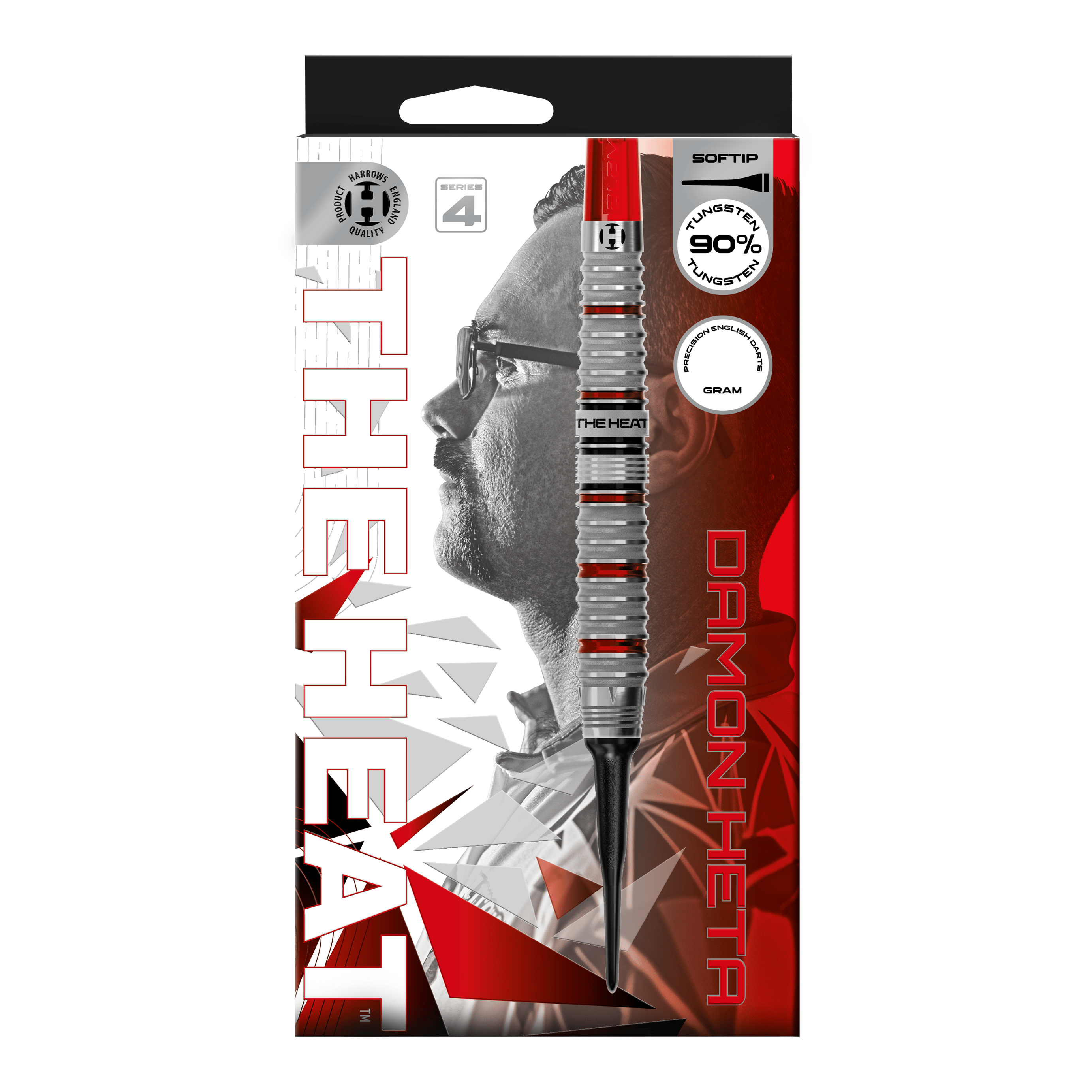 Das Bild zeigt die Harrows Damon Heta Series 4 Softdarts. Die Softdarts sind speziell für den Dartsport entwickelt.