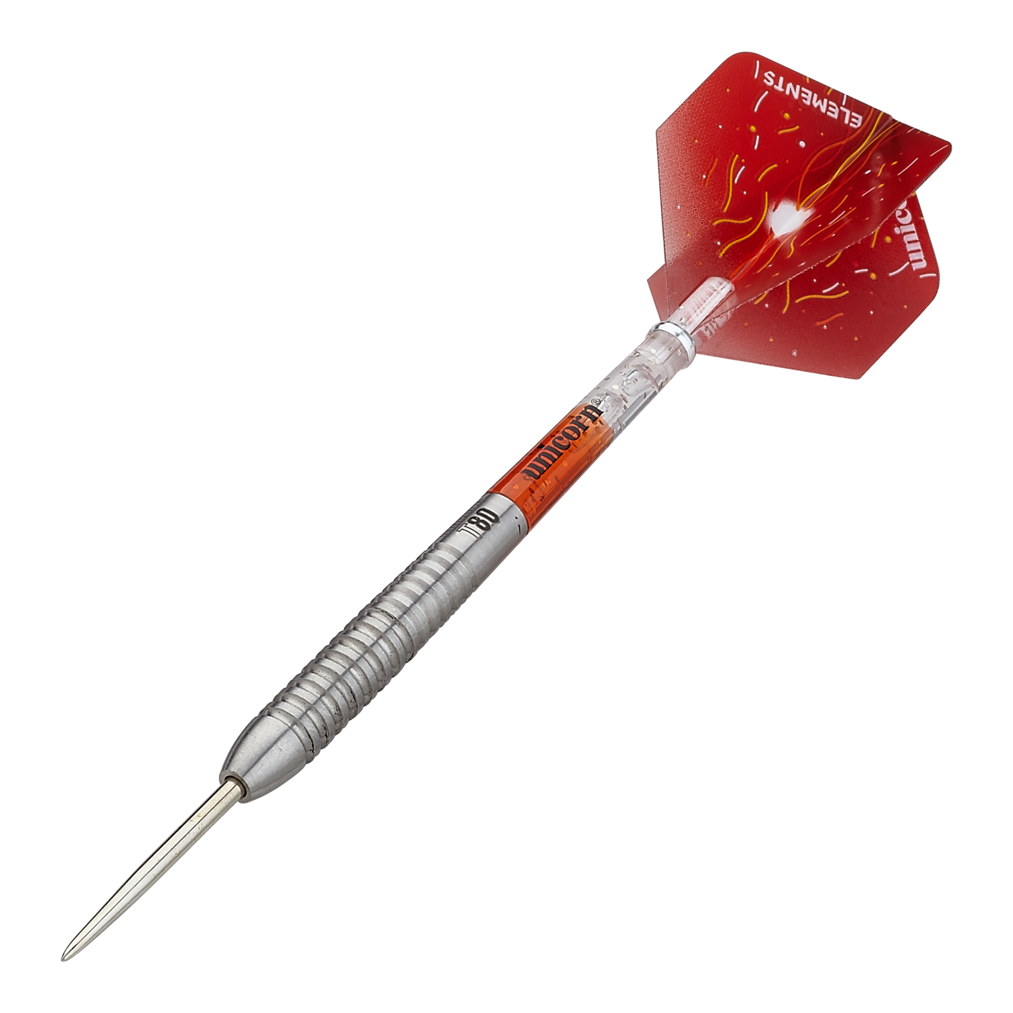 Das Bild zeigt einen Unicorn Core XL Striker Style 5 Steeldart. Der Dartpfeil hat einen silbernen Schaft und rote Flights mit gelben Mustern.