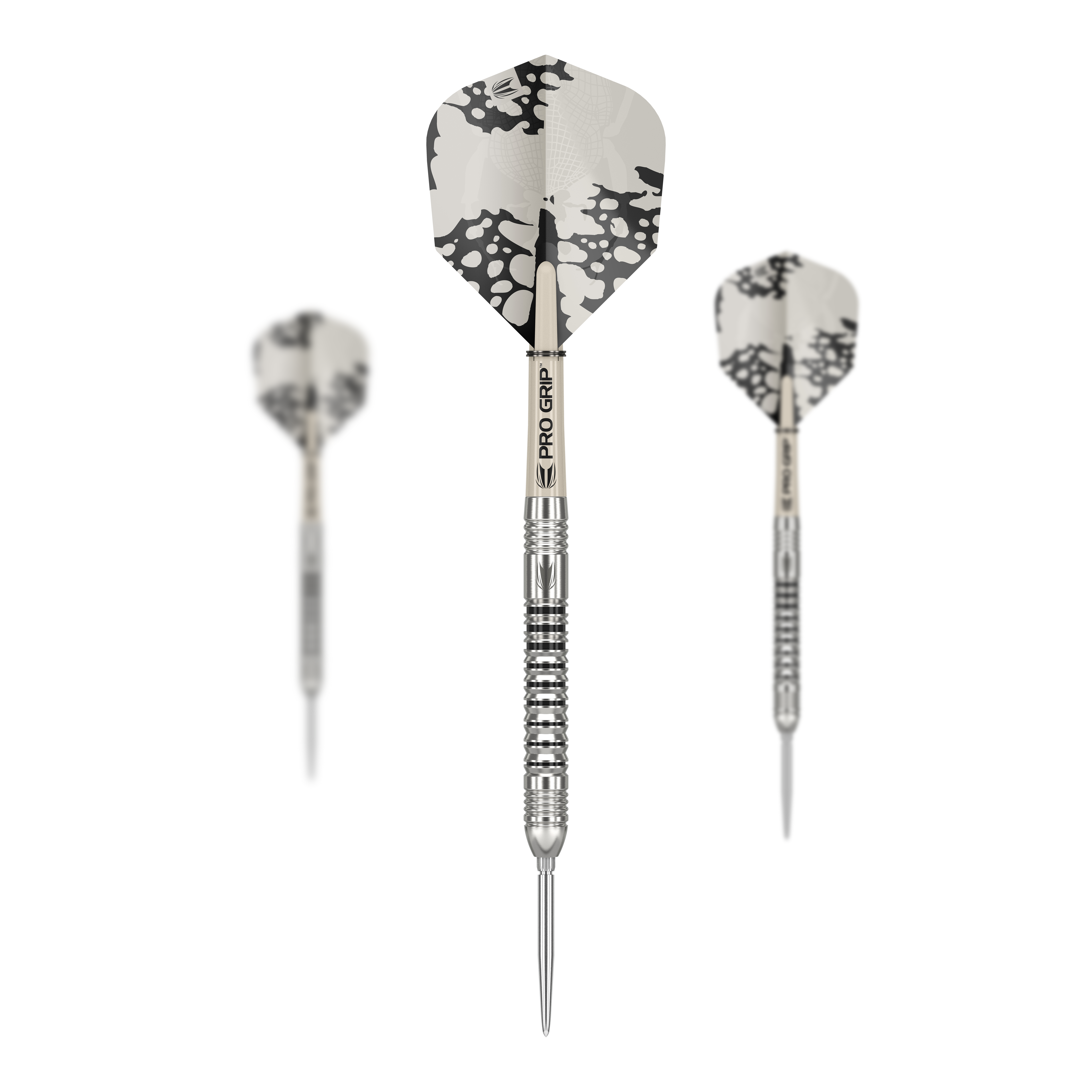 Das Bild zeigt drei Steeldarts des Modells 'Target EXO SP03 Swiss Point'. Die Darts haben silberne Spitzen und einen schwarz-weißen Flug mit auffälligem Muster.