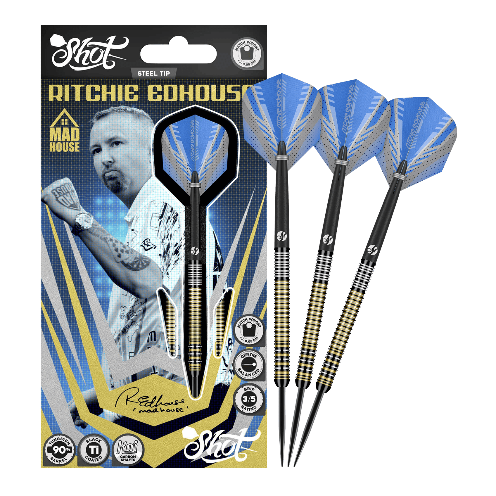 Shot Ritchie Edhouse Madhouse Steeldarts Das Bild zeigt die Shot Ritchie Edhouse Madhouse Steeldarts in voller Ansicht. Diese Darts zeichnen sich durch ihr einzigartiges Design aus.