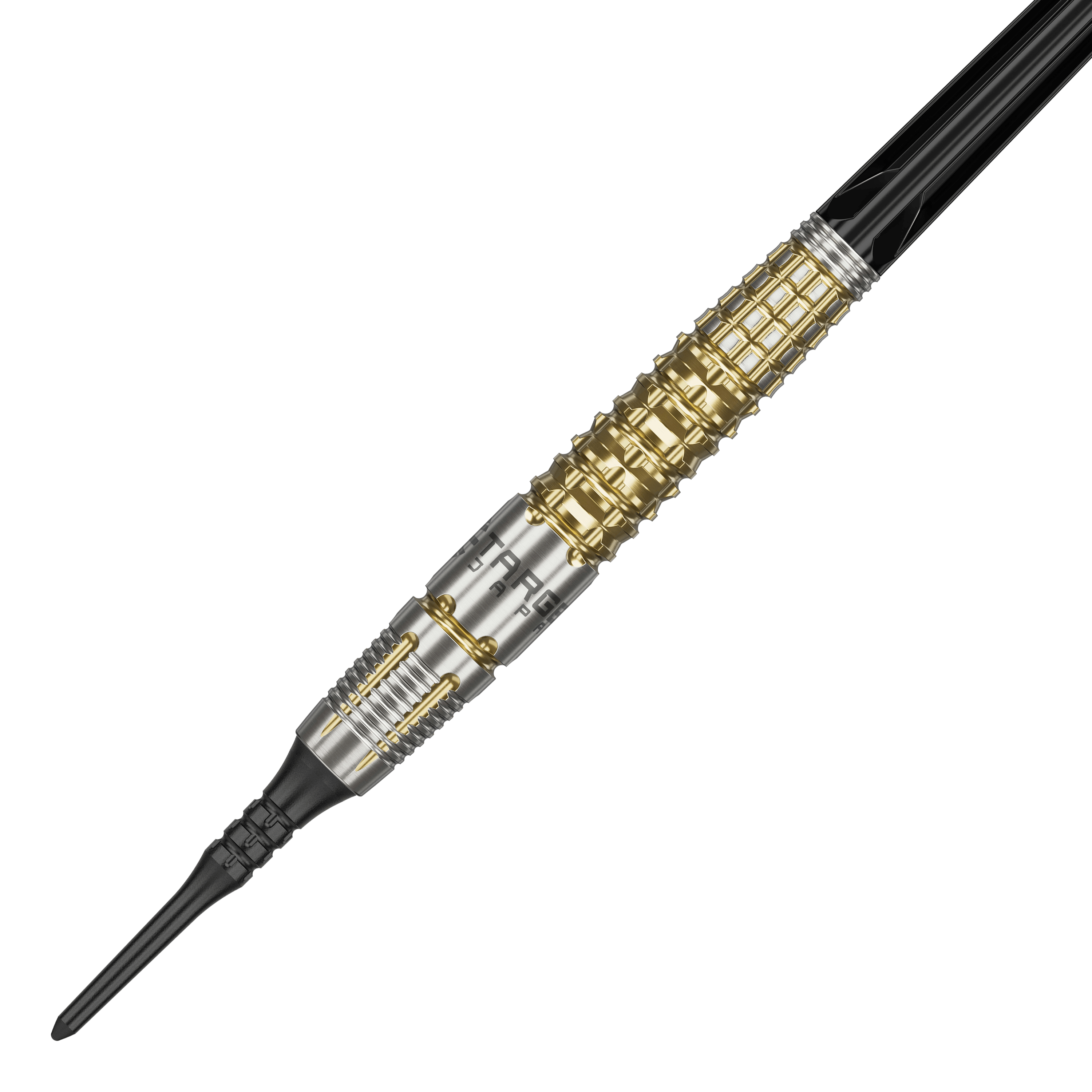 Target Japan Black Marque Warrior Softdarts - 18,5g Das Bild zeigt einen Softdart namens "Target Japan Black Marque Warrior" mit einem Gewicht von 18,5g. Der Dart hat ein auffälliges Design mit goldenen und silbernen Elementen sowie einer schwarzen Spitze.