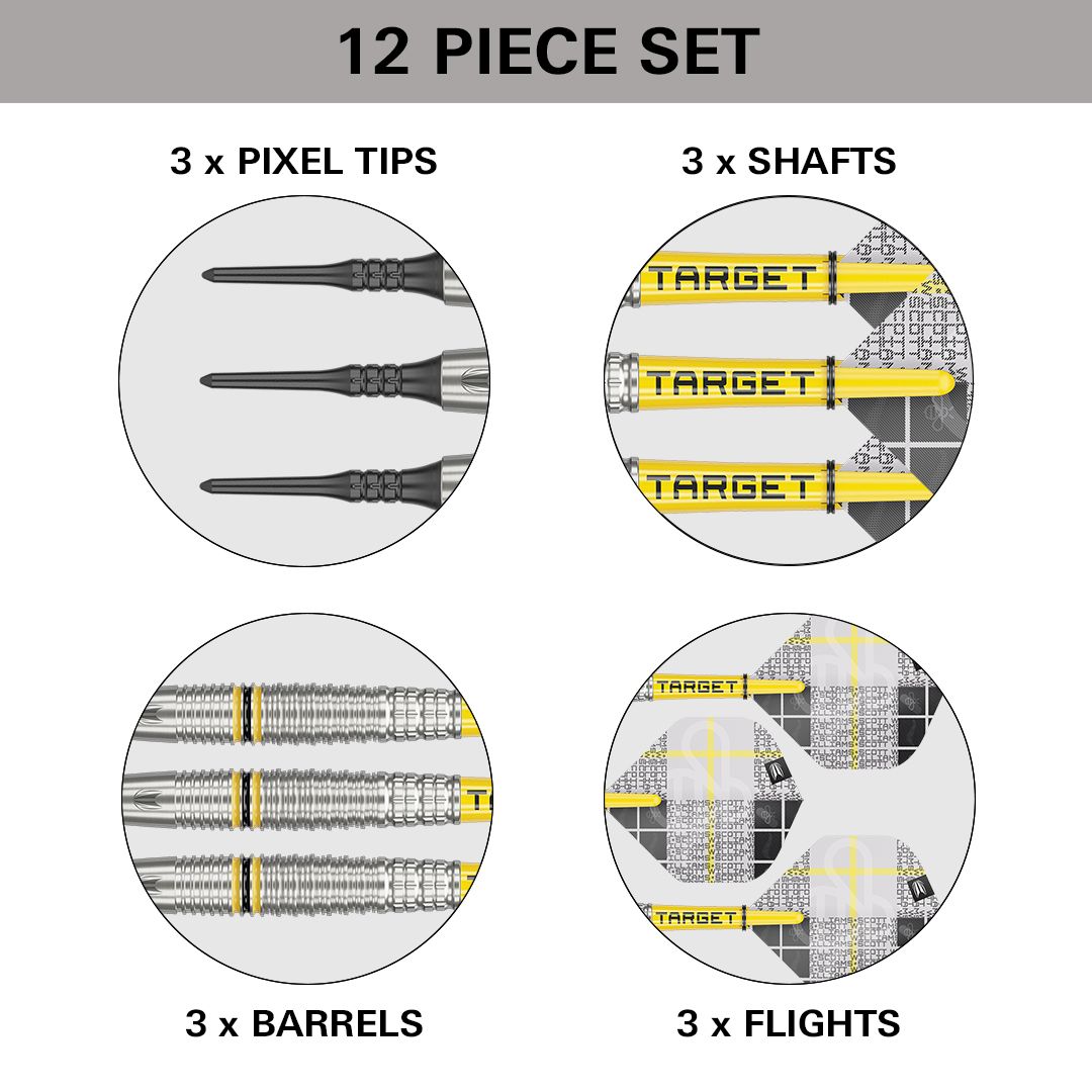 Target Scott Williams GEN2 Softdarts - 18g Das Bild zeigt ein 12-teiliges Softdart-Set mit dem Namen "Target Scott Williams GEN2 Softdarts - 18g". Es enthält 3 Pixelspitzen, 3 Schäfte, 3 Barrels und 3 Flights.
