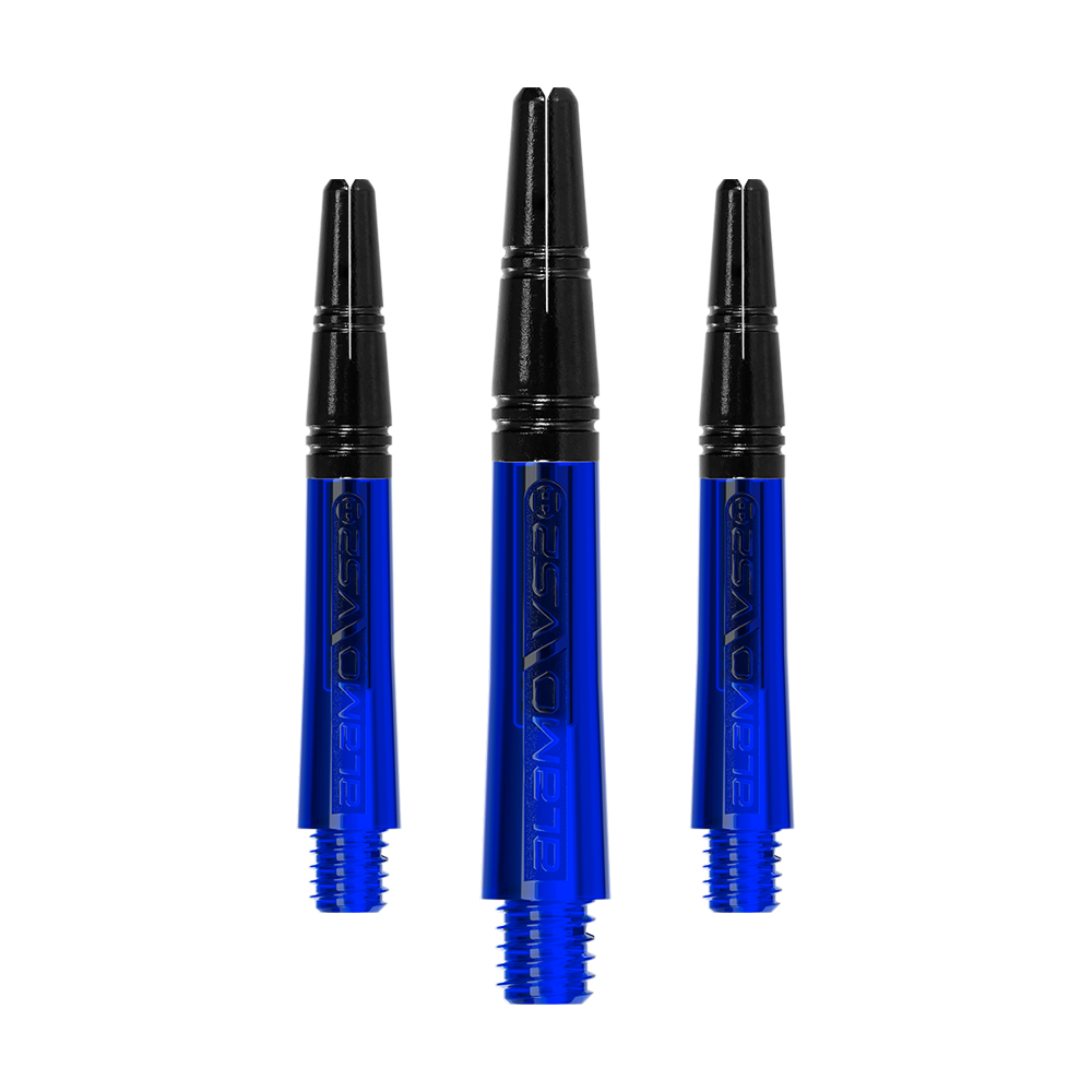 Harrows Alamo VS2 Shafts - Blau Das Bild zeigt drei blaue Dartschäfte mit schwarzem oberen Teil. Sie sind nebeneinander angeordnet und haben ein glänzendes Design.