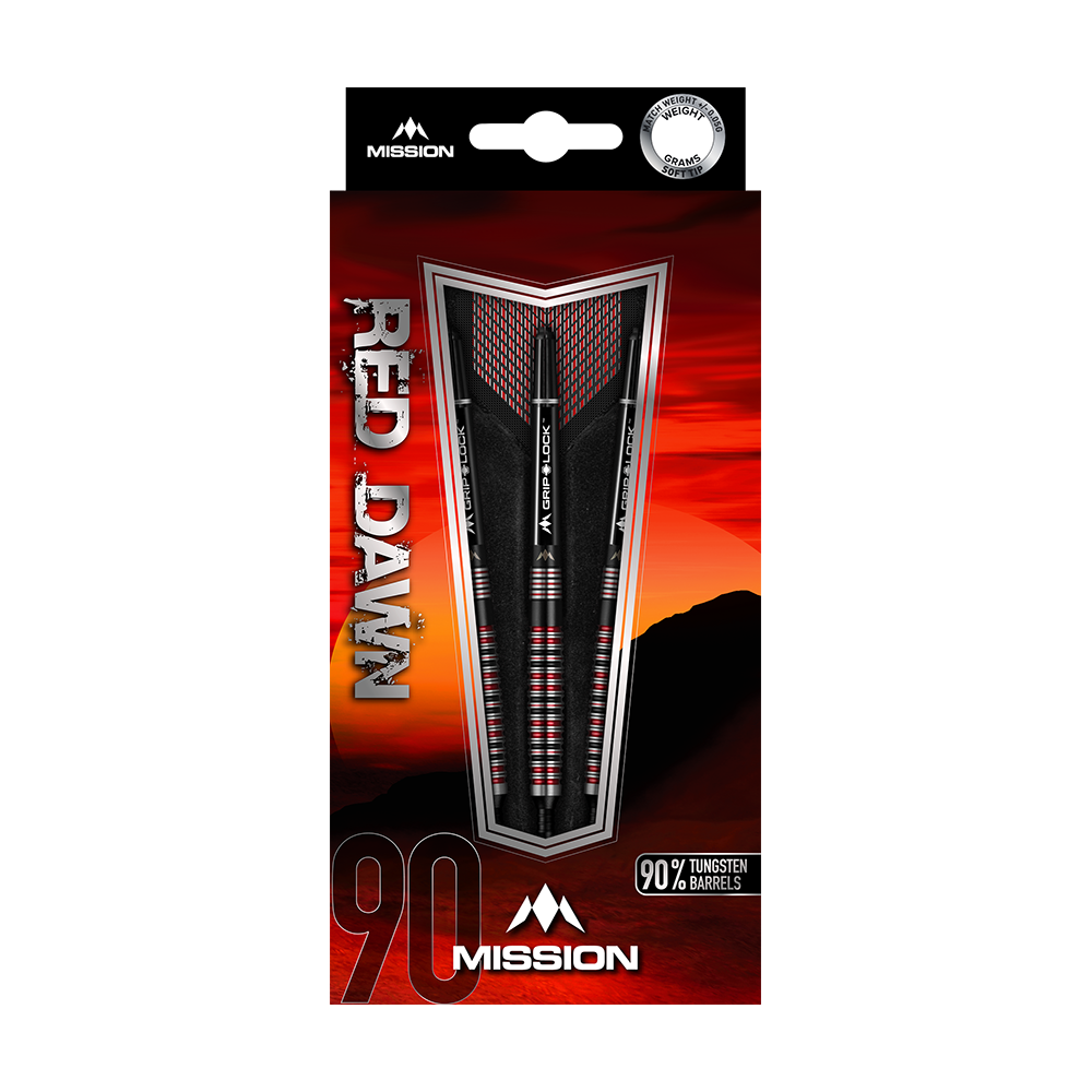 Mission Red Dawn Model 3 Softdarts - 20g Das Bild zeigt die Verpackung der Mission Red Dawn Model 3 Softdarts mit einem Gewicht von 20g. Auf der Verpackung sind drei schwarze Darts mit roten und silbernen Akzenten vor einem Sonnenaufgangshintergrund zu sehen.
