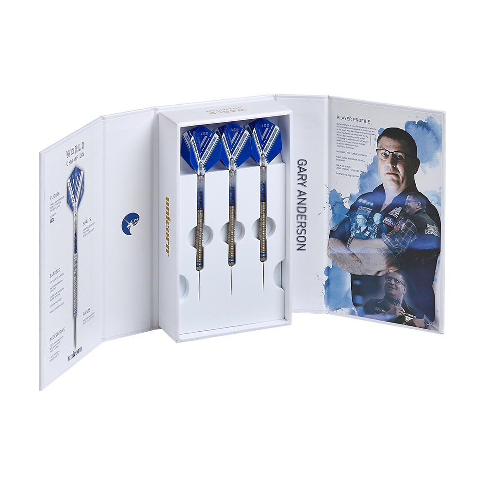 Das Bild zeigt eine Verpackung mit drei Steeldarts namens "Unicorn W.C. Gary Anderson Phase 5". Im Inneren der Box ist ein Bild und ein Profil von Gary Anderson zu sehen.
