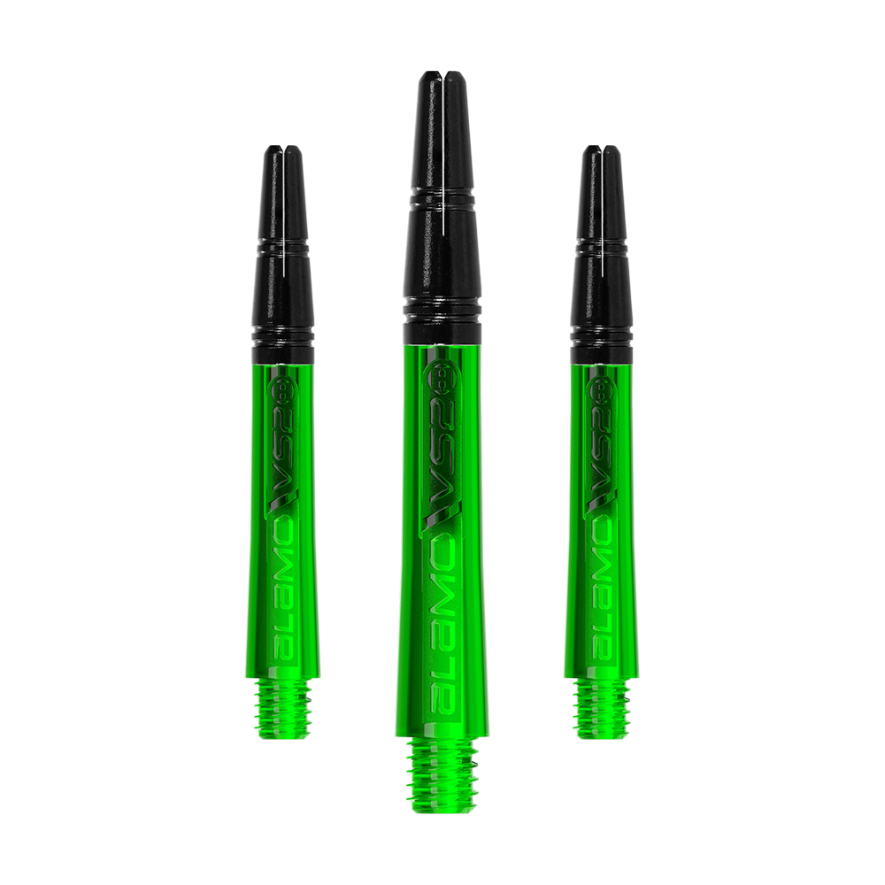 Auf dem Bild sind drei grüne und schwarze Dart-Schäfte zu sehen. Sie sind 40 mm lang und tragen die Aufschrift "Alamo VS2".