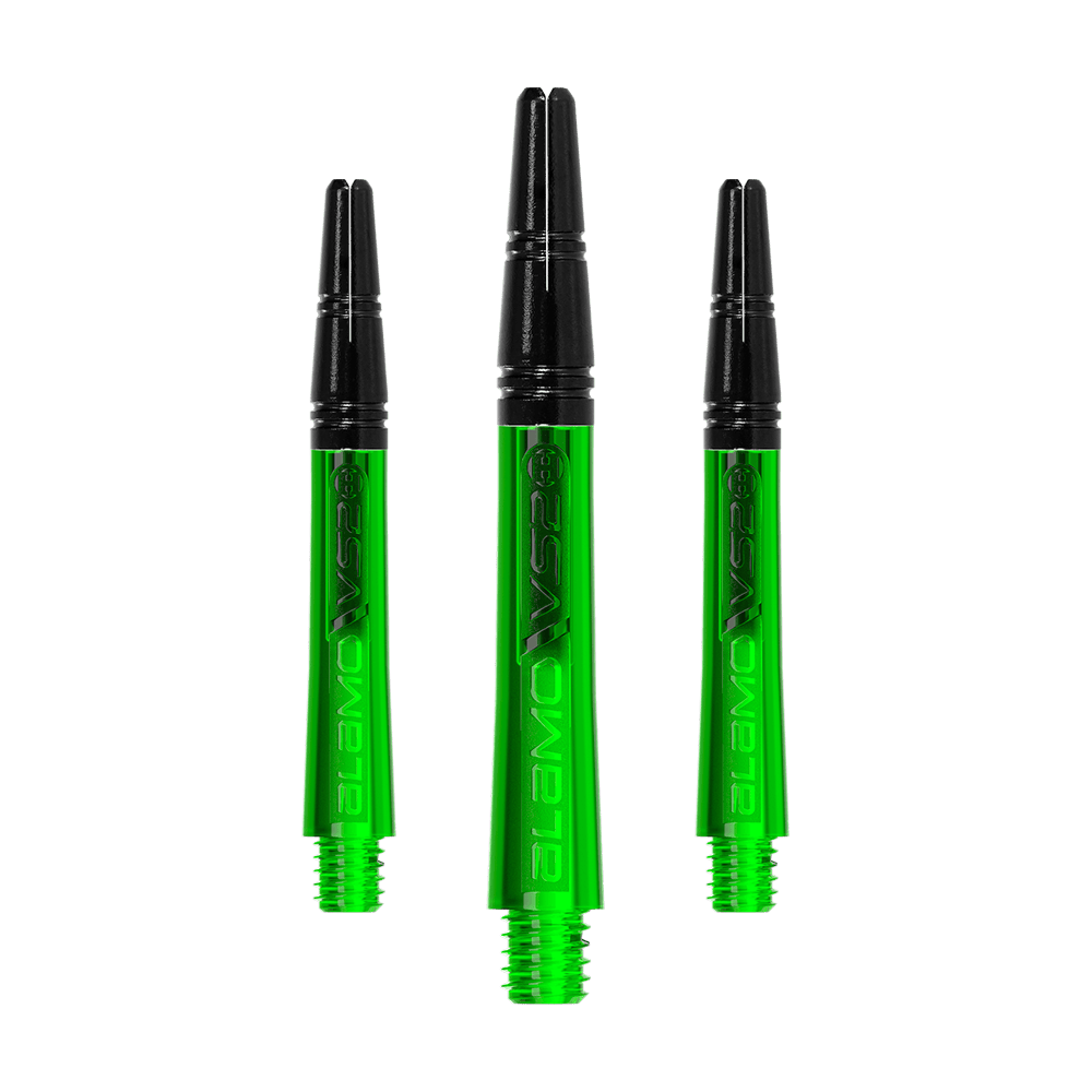 Harrows Alamo VS2 Shafts - Grün Auf dem Bild sind drei grüne und schwarze Dart-Schäfte zu sehen. Sie sind 40 mm lang und tragen die Aufschrift "Alamo VS2".