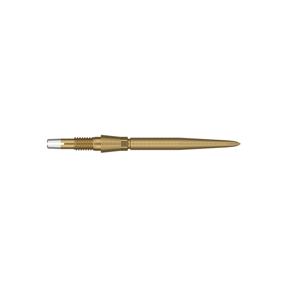 340086_Target_Swiss_Storm_Nano_Point_Dartspitzen_Gold_26mm_2 Das Bild zeigt eine goldene Dartspitze mit feinen Rillen und einer silbernen Spitze am Ende. Die Dartspitze ist lang und schlank gestaltet.